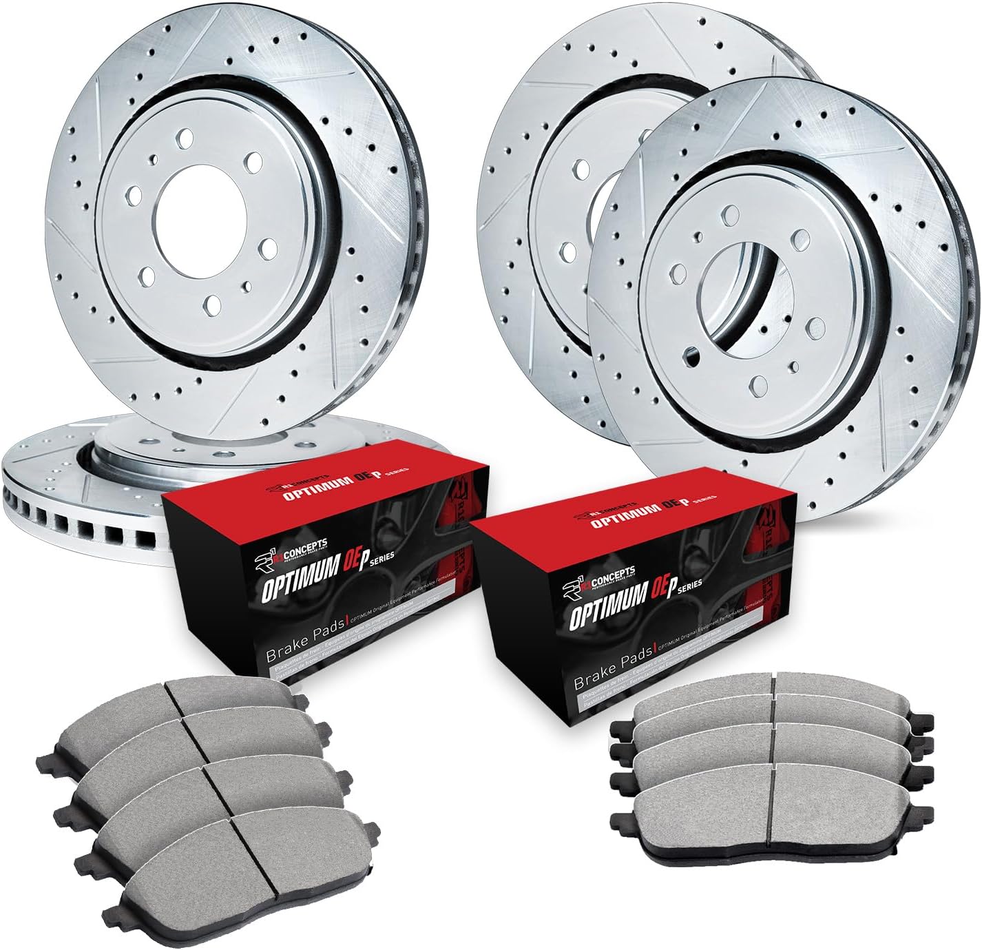 R1 Concepts Front and Rear Brake Kit Fits 2019-2023 Ford Ranger| Optimum Oep Brake Pads and Drilled Slotted Brake Rotors| 12.2' Front & 12.1' Rear