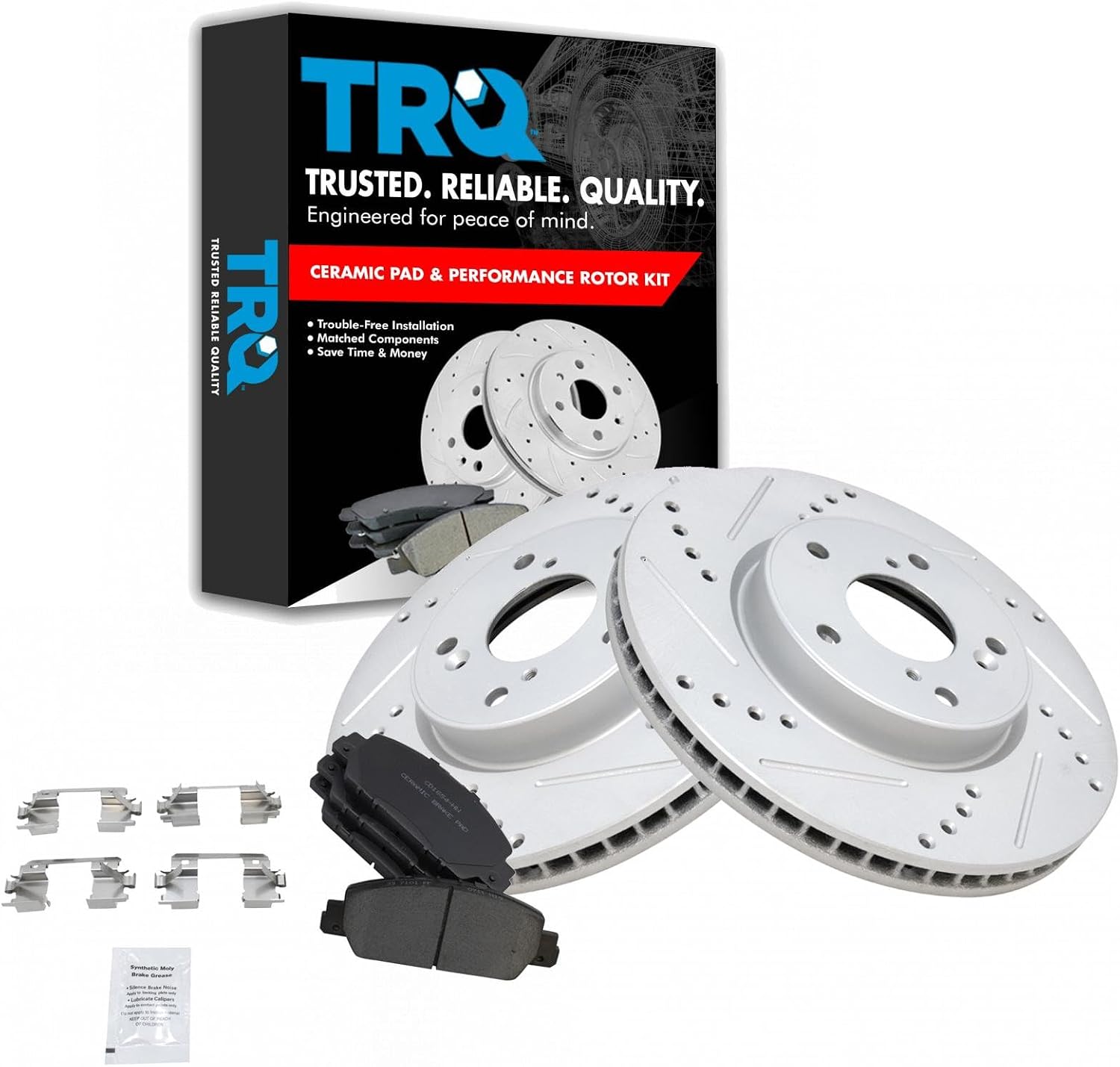 TRQ Performance Front Ceramic Brake Pad and Rotor Set Drilled Slotted Compatible with 13-17 Honda Accord EX EX-L Sport Touring 18-20 Honda Accord EX EX-L LX L4 1.5L 16-22 HR-V