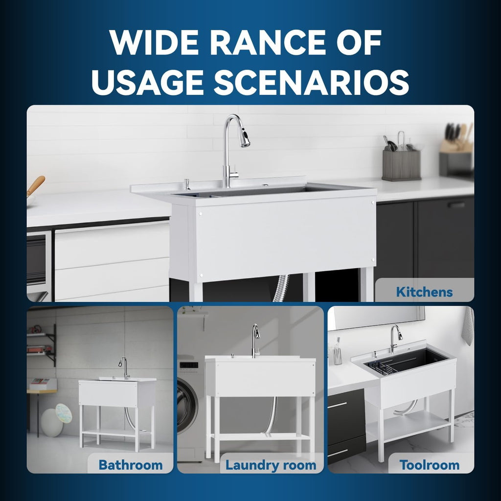 36' Freestanding Utility Sink, Heavy Duty Stainless Steel Laundry Room Sink for Garage, Outdoor Kitchen or Workshop, Modern Black Basin with Hot & Cold Water, Indoor/Outdoor Use (White)