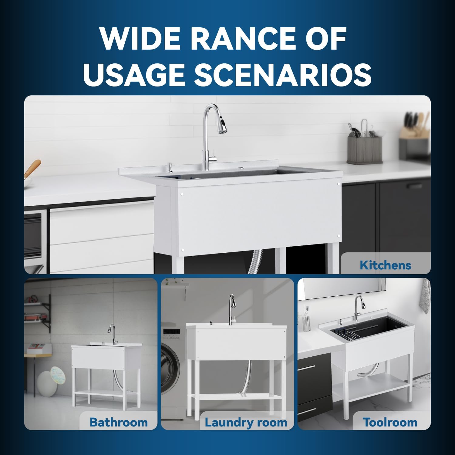 36' Freestanding Utility Sink, Heavy Duty Stainless Steel Laundry Room Sink for Garage, Outdoor Kitchen or Workshop, Modern Black Basin with Hot & Cold Water, Indoor/Outdoor Use (White)