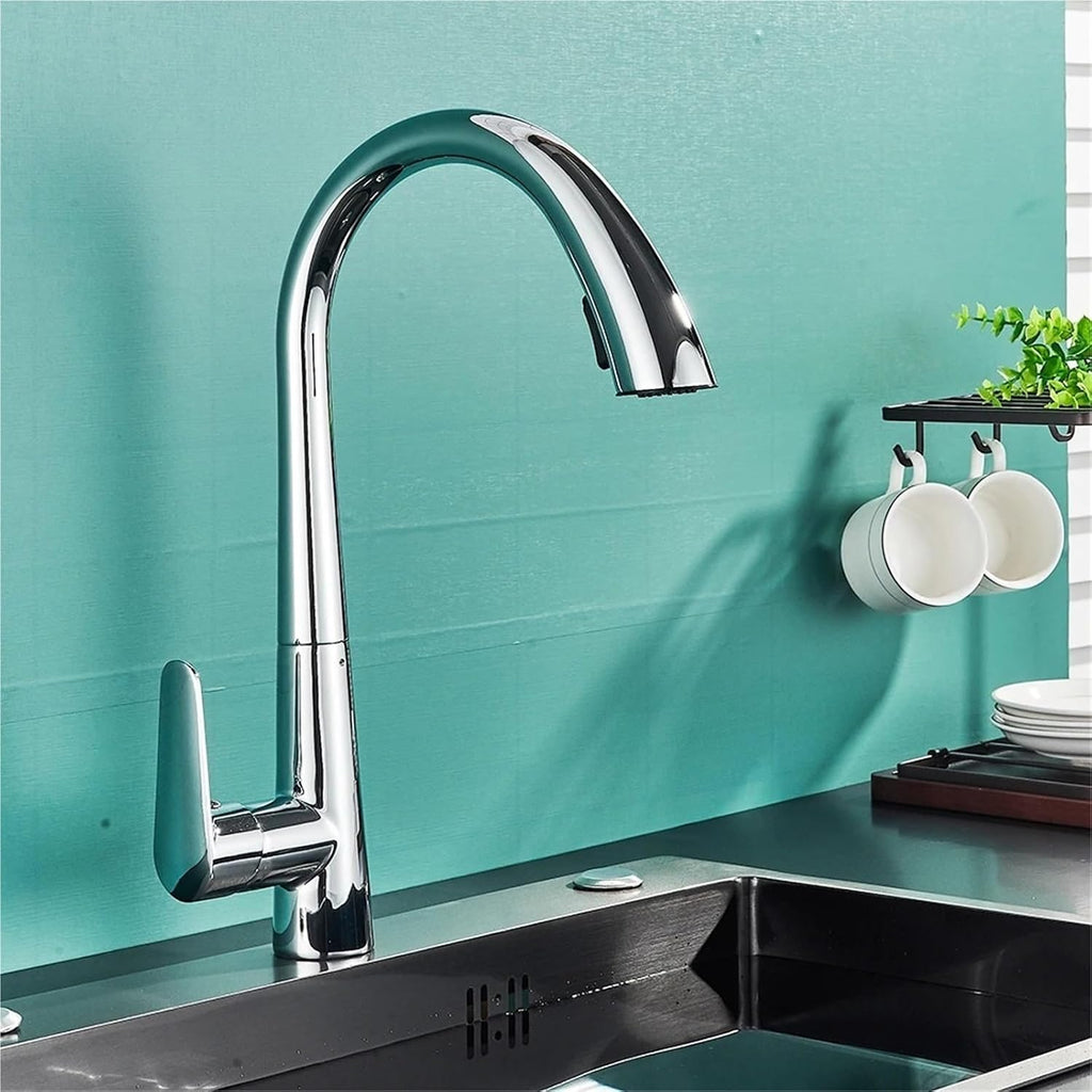 Kitchen Faucet Flexible Pull Out Mixer Tap Deck Mounted 360 Swivel 2 Mode Hot Cold Water Faucets(Chrome)