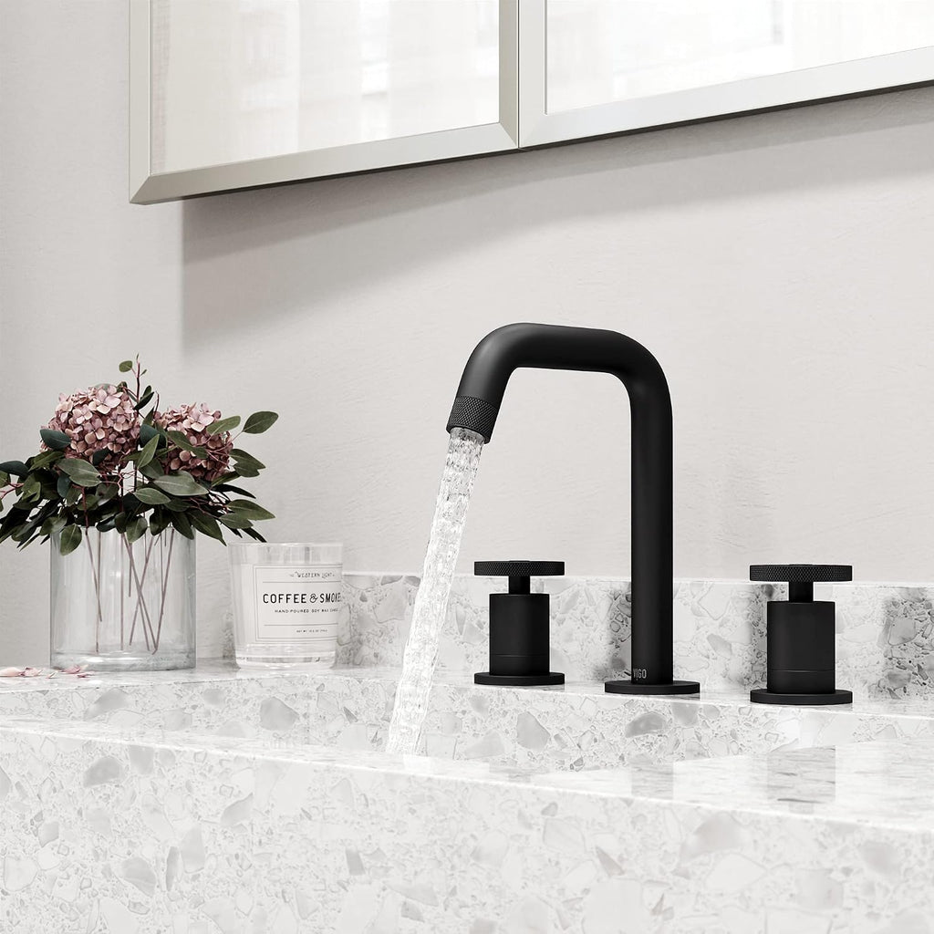 VIGO Cass Two-Handle Three-Hole Mount Widespread Bathroom Sink Faucet, 8-Inch, Matte Black, Modern Design, Solid Brass, 1.2 GPM WaterSense & Ceramic Disc Valve, Corrosion-Resistant
