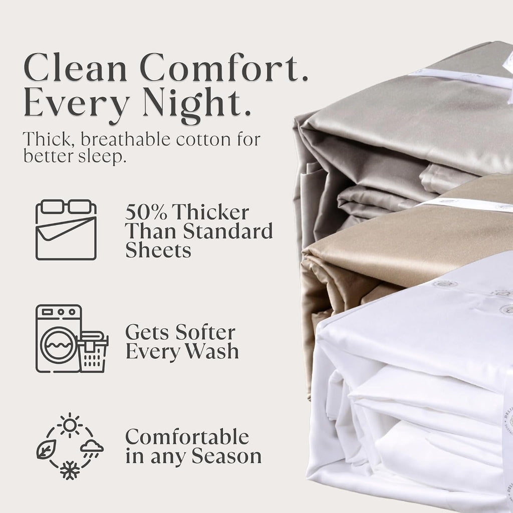 Delilah Home 100% Organic Cotton Full Bed Sheet Set, GOTS & Vegan.org Verified, Long Stem 300 TC Sateen Bedding, Non-Synthetic, Deep Pocket Fitted Linen, Lightweight, All-Season, 3 Piece Set - White