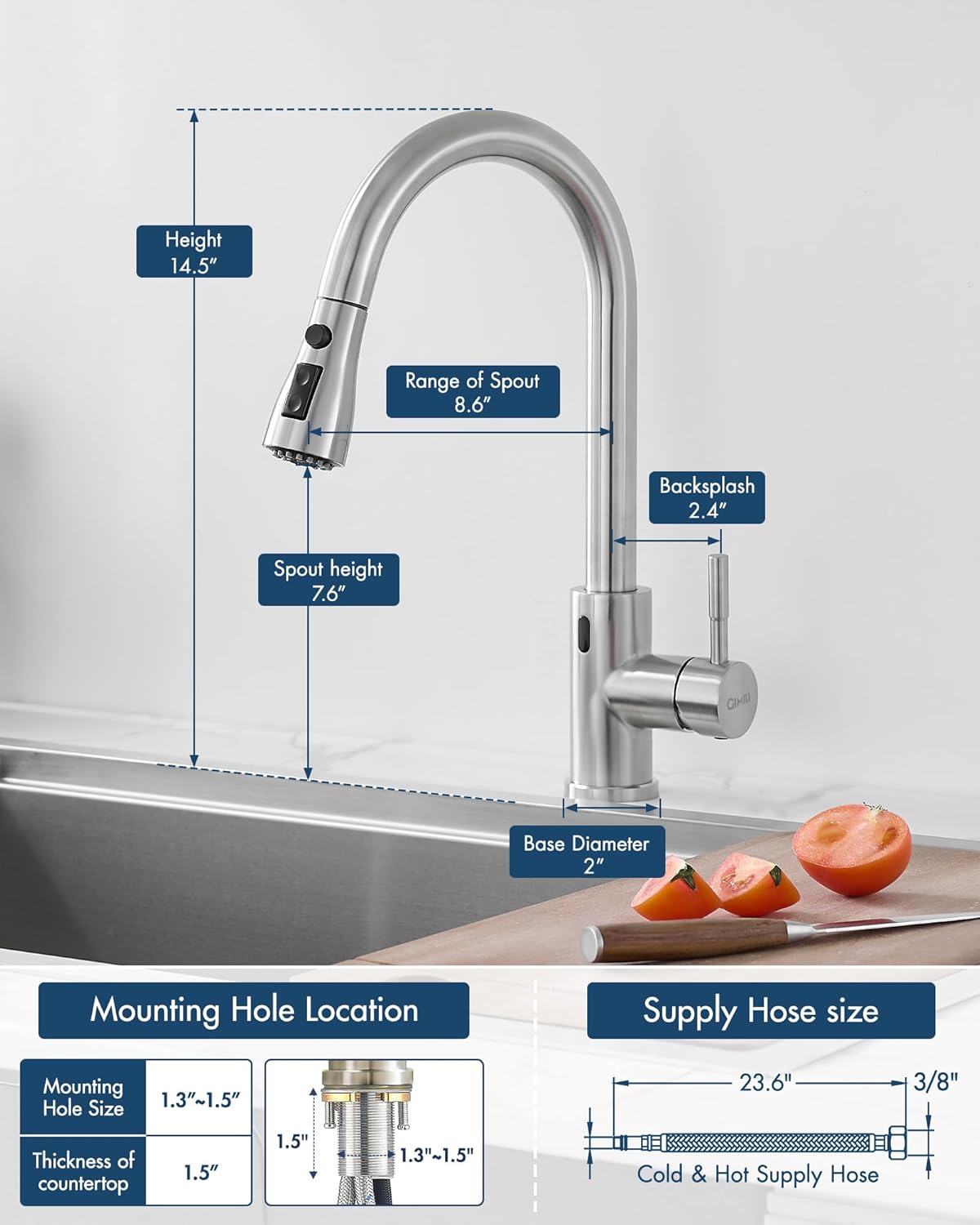 GIMILI Touchless Kitchen Faucet with Pull Down Sprayer Motion Sensor Hands-Free Smart Activated Brushed Nickel Sink Faucets