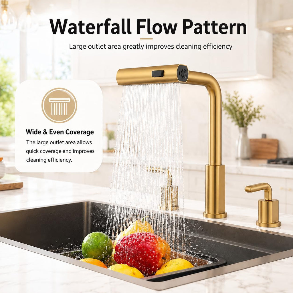 Kitchen Faucet with Pull Down Sprayer - Brushed Gold 3 Hole Kitchen Sink Faucet - 8 Inch 2 Handle Champagne Bronze 3 Piece Faucets Stainless Steel Faucet, 360° Swivel, Pull Out 3 Spray Modes