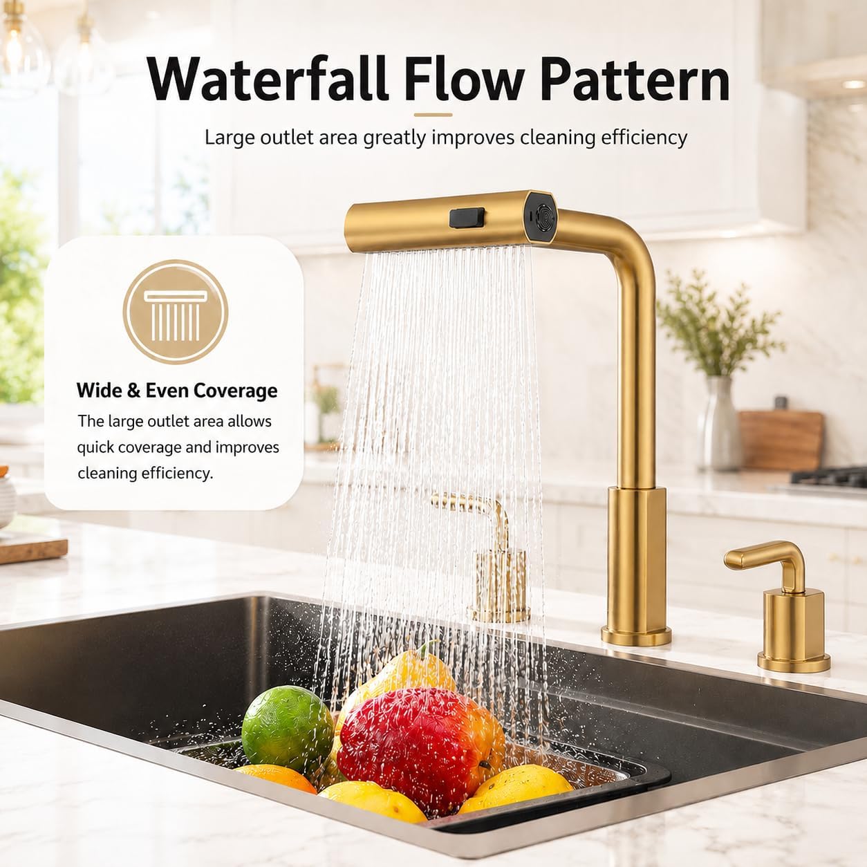 Kitchen Faucet with Pull Down Sprayer - Brushed Gold 3 Hole Kitchen Sink Faucet - 8 Inch 2 Handle Champagne Bronze 3 Piece Faucets Stainless Steel Faucet, 360° Swivel, Pull Out 3 Spray Modes