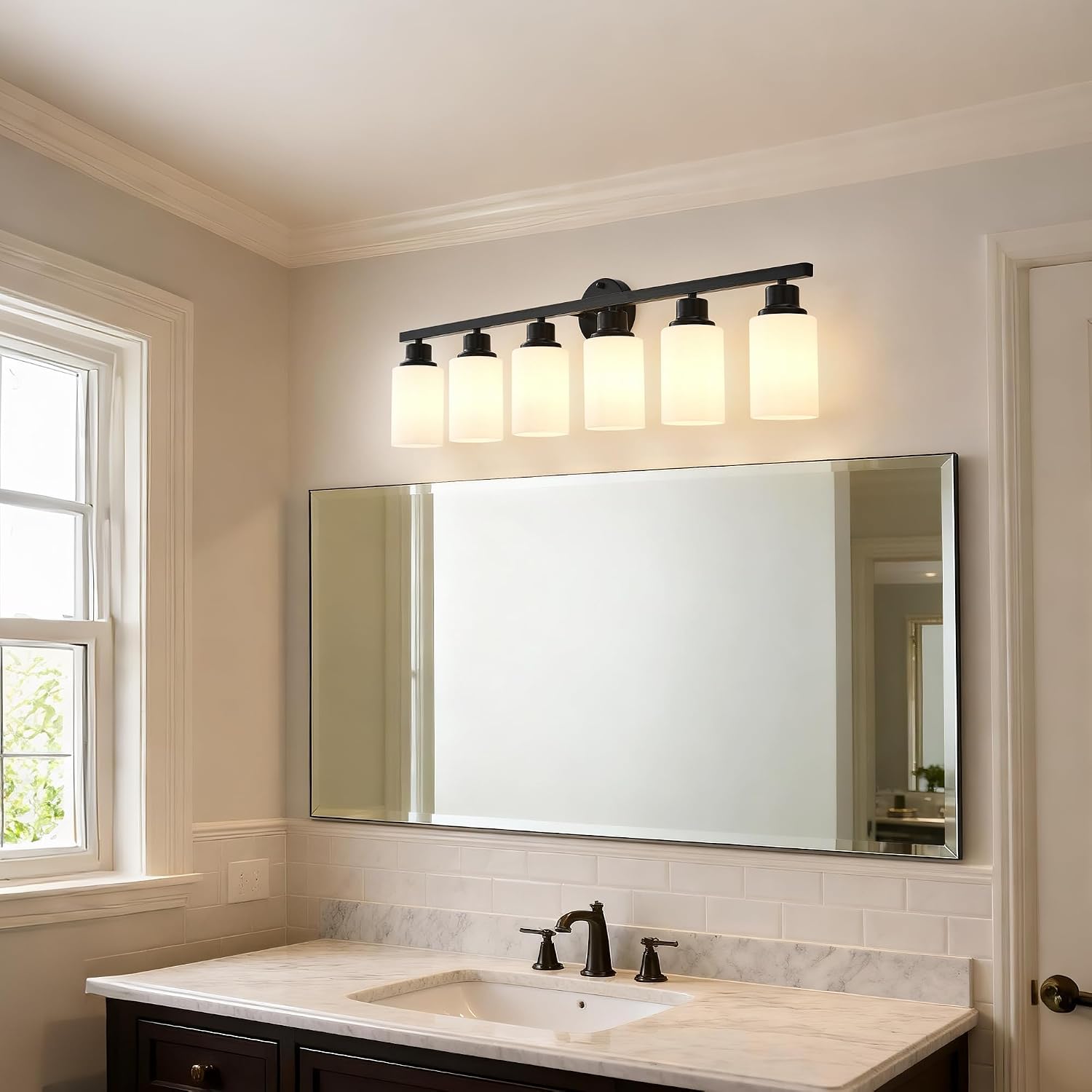 6-Light Matte Black Bathroom Vanity Light Modern Black Bathroom Light Fixtures Over Mirror Vintage Vanity Wall Sconce Light With White Glass Shade Wall Lamps For Living Room Bedroom Bulbs Not Included
