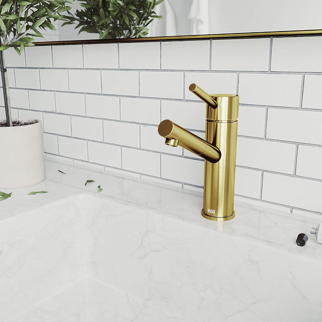 VIGO Noma Single-Handle Single-Hole Mount Bathroom Sink Faucet, 8-Inch, Matte Brushed Gold, Modern Design, Solid Brass, 1.2 GPM WaterSense & Ceramic Disc Valve, Corrosion-Resistant