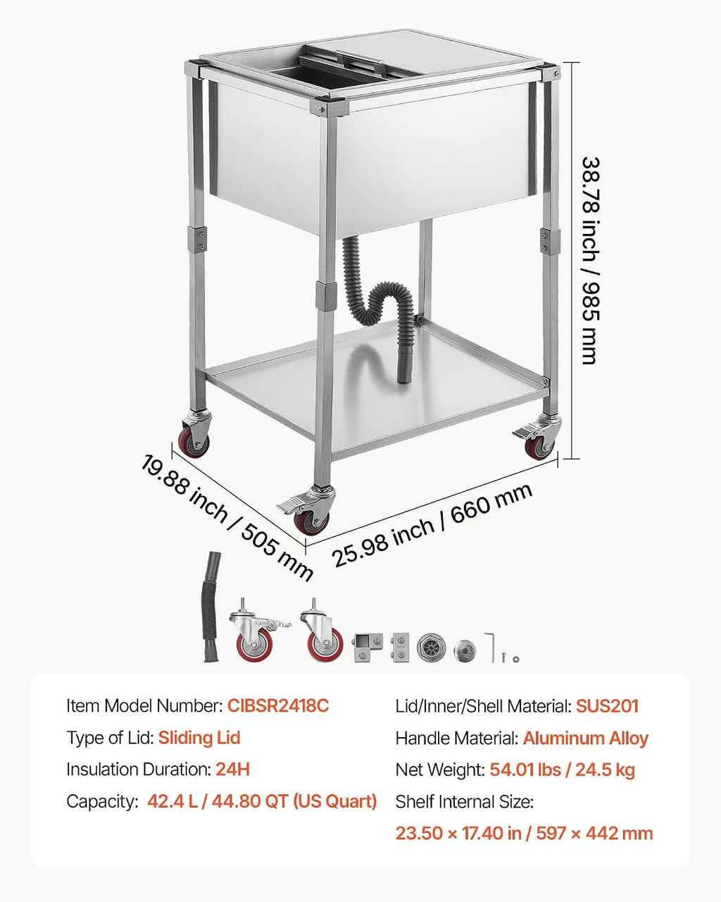 VEVOR Commercial Ice Bin, Underbar Ice Bin, Stainless Steel Ice Chest with Sliding Lid, Bottle Holders, Adjustable Bullet Feet, Cooler Cart Cocktail Unit for Bar Restaurant Pub