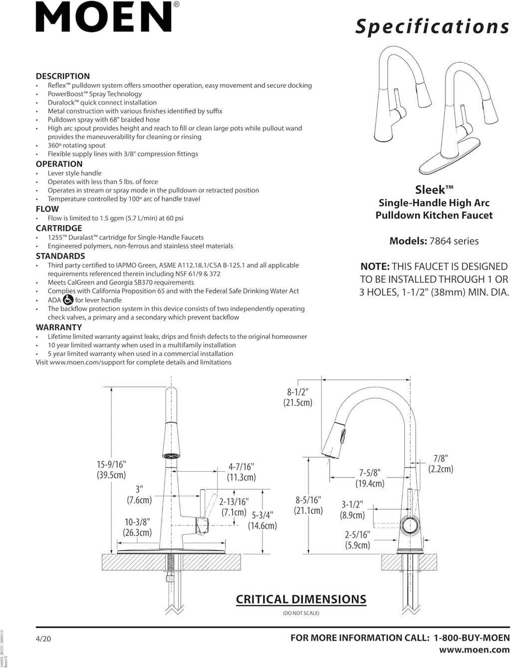 Moen Sleek Matte Black Pulldown Kitchen Faucet Featuring Pull Down Sprayer with Power Boost, High Arc Modern Kitchen Faucet, One-Handle Easy Installation, 7864BL