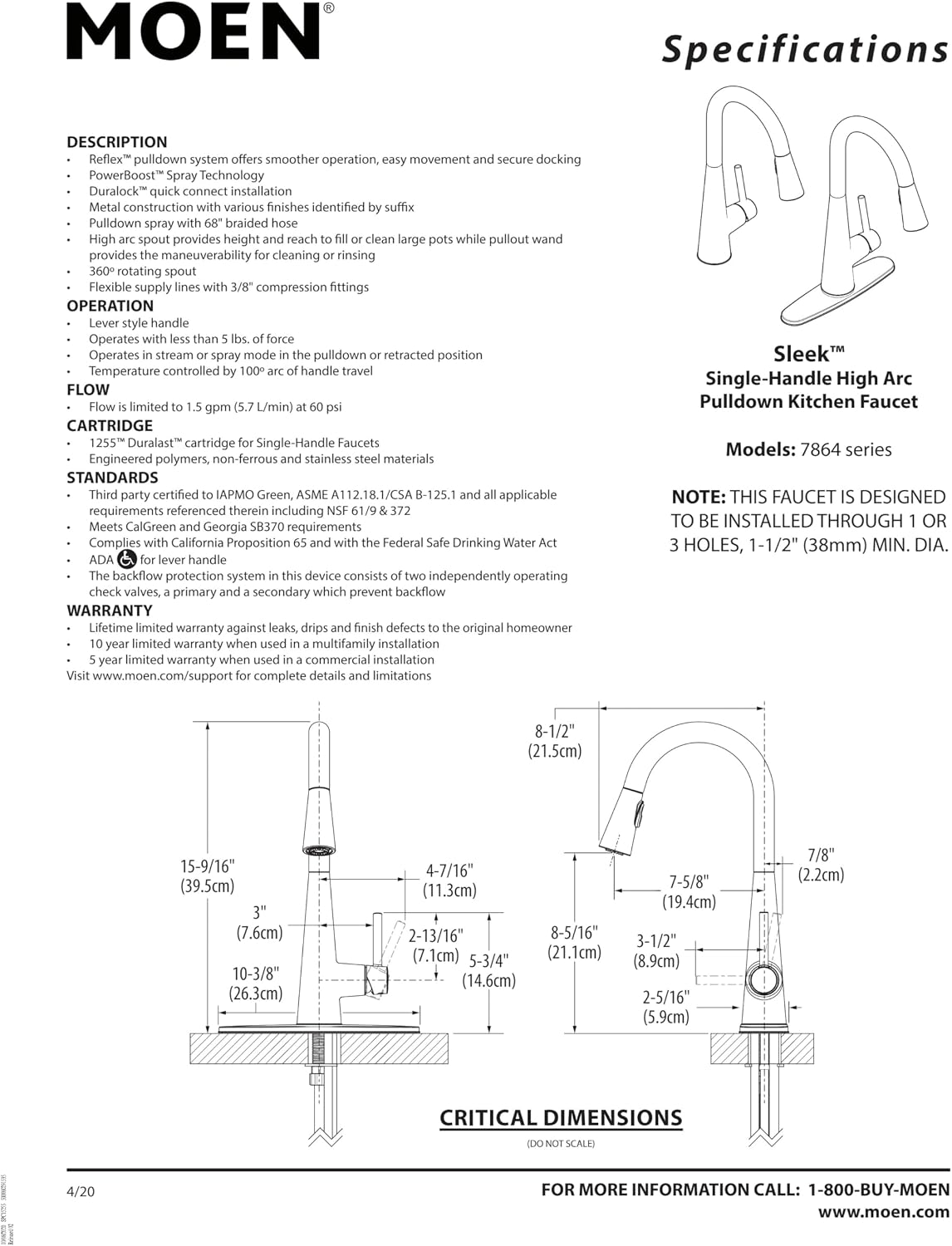 Moen Sleek Matte Black Pulldown Kitchen Faucet Featuring Pull Down Sprayer with Power Boost, High Arc Modern Kitchen Faucet, One-Handle Easy Installation, 7864BL