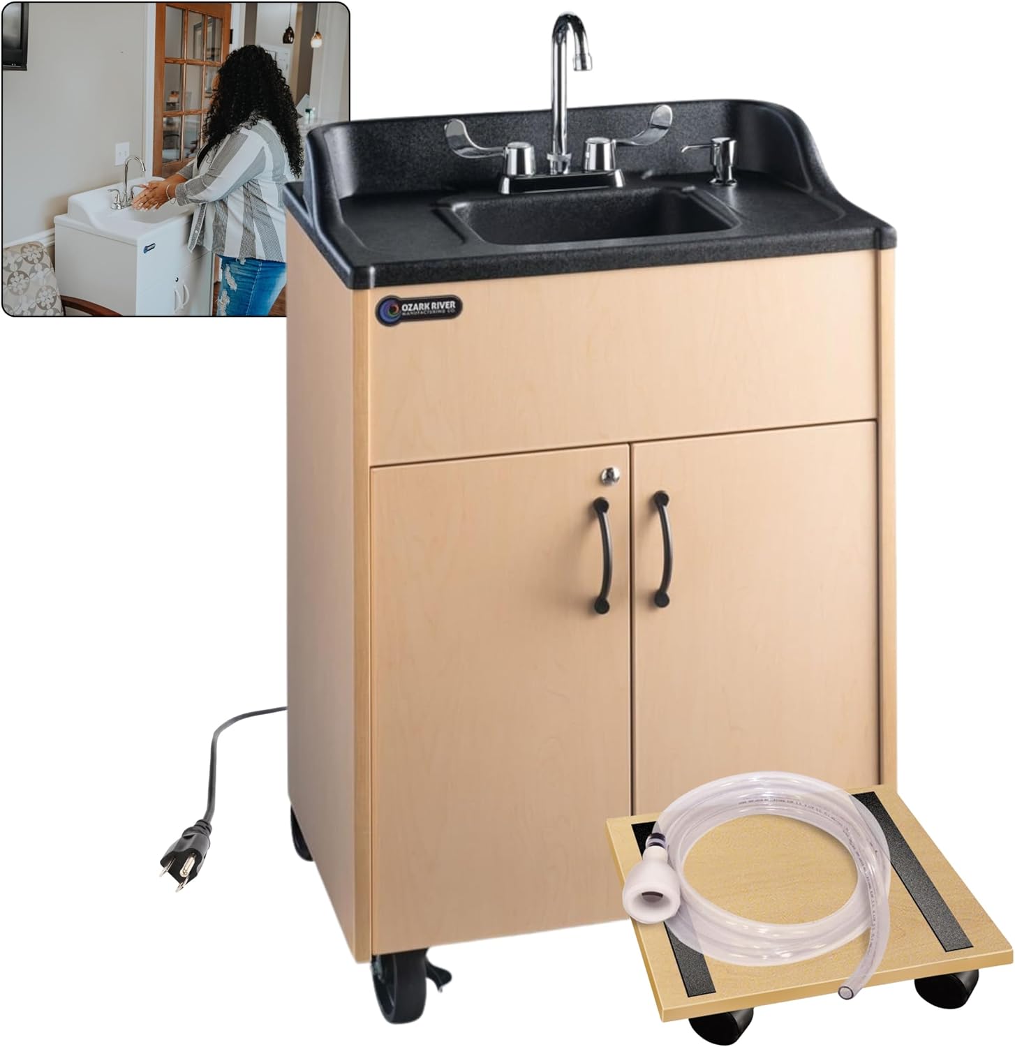 Ozark River Portable Sinks Premier Maple & Fill-n-Roll Dolly Kit Bundle, Maple Laminate-ABS, Portable Sink with Hot Water, Self-Contained Sink, Portable Hand Washing Station, 110V