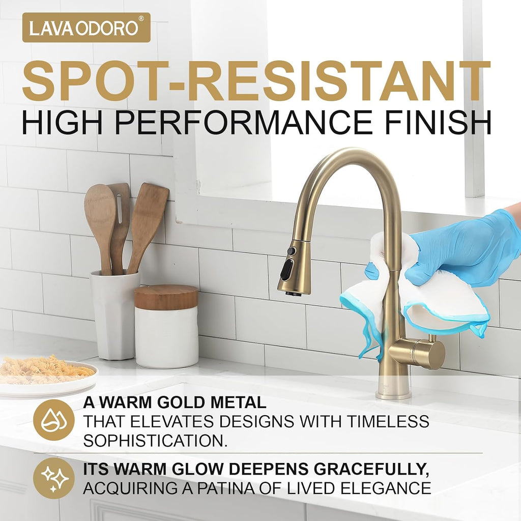 Lava Odoro Champagne Gold Kitchen Faucet with Pull Down Sprayer, Kitchen Sink Faucets, Single Hole Sink Faucet with 3-Function Magnetic Sprayer Deck Plate, Champagne Gold, KF321-CB