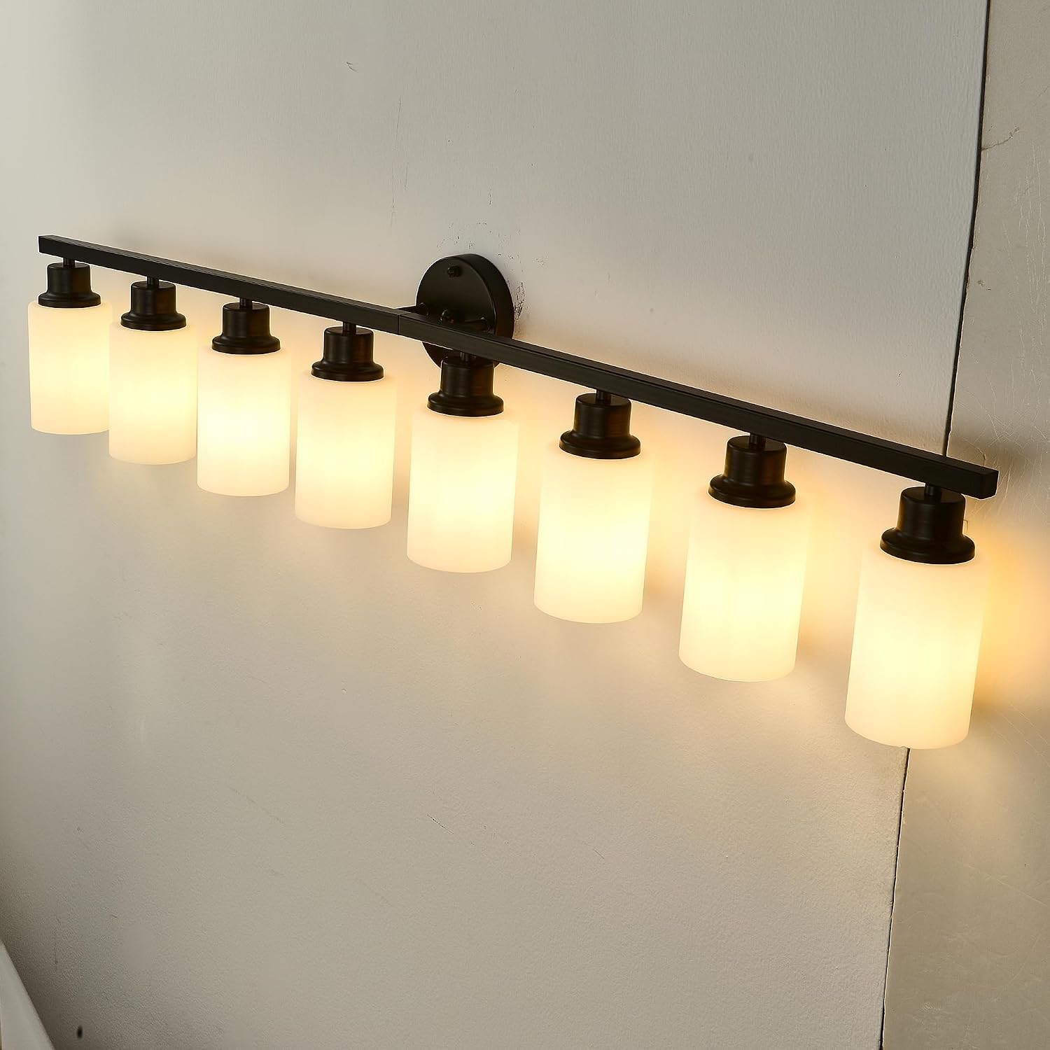 8-Light Matte Black Bathroom Vanity Light Modern Black Bathroom Light Fixtures Over Mirror Vintage Vanity Wall Sconce Light With White Glass Shade Wall Lamps For Living Room Bedroom Bulbs Not Included