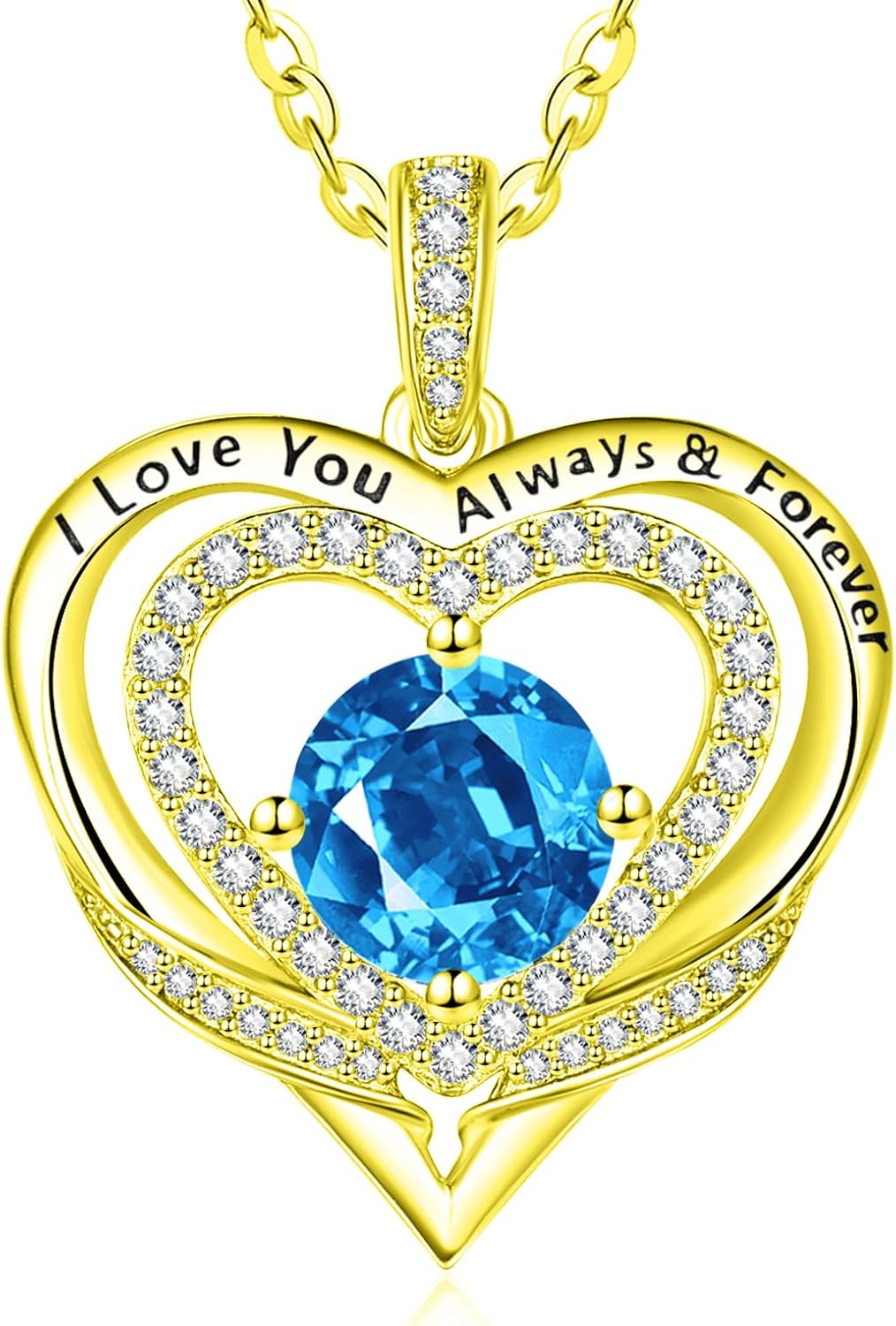 14K Gold Heart Necklaces for Women with Birthstone Pendant ，Double Hearts Necklace Jewelry Gift for Girlfriend Mom Anniversary Birthday Adjustable Chain 18' + 2' 'I Love You Always & Forever