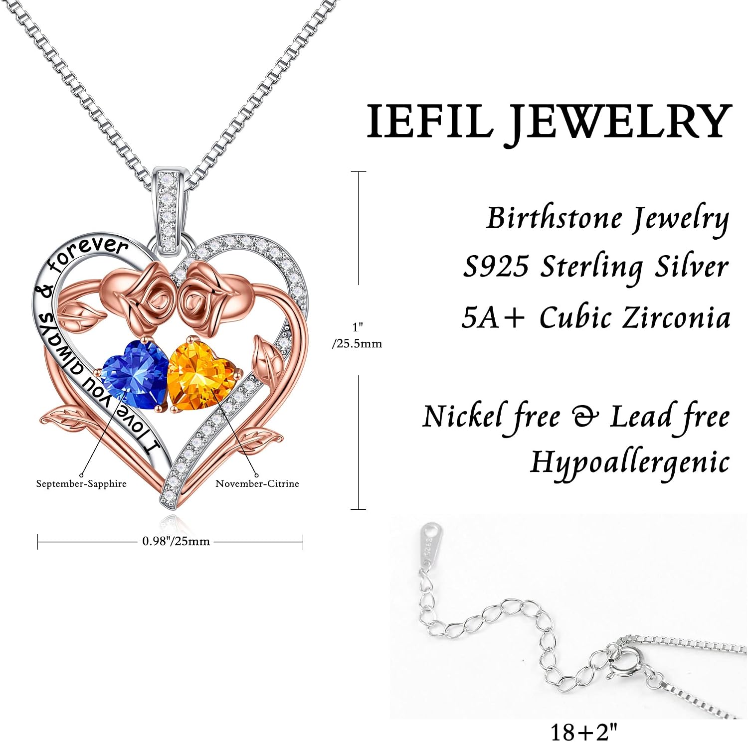 Iefil Rose Heart Double Birthstone Necklace Gifts for Wife Girlfriend Her Women, Birthstone Jewelry Gemstone Birthday Gifts for Mom Grandma Her Wife Women