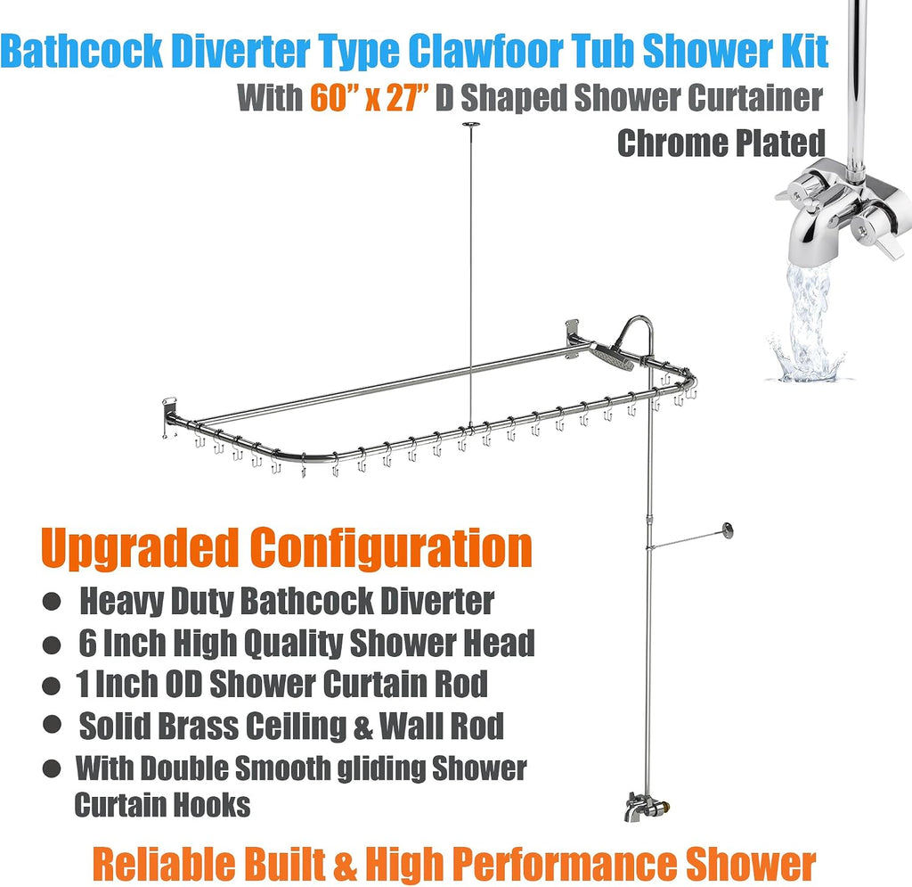 Clawfoot Tub Shower Kit,Add On Shower With Bathcock Diverter Faucet and 60' D Type Claw foot Tub Shower Curtain Rod Kit,D-Style Shower Rod and Clawfoot Tub Shower Faucet Set,Chrome Plated