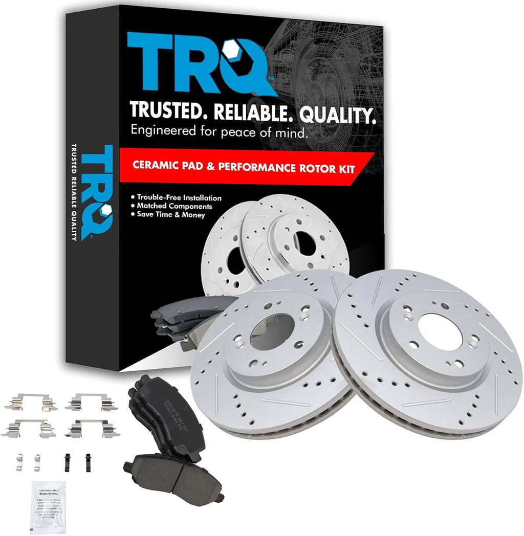 TRQ Performance Front Brake Pad & Rotor Kit Ceramic Premium G-Coated Slotted X Drilled Compatible with 07-14 Chrysler Dodge 07-17 Jeep 04-21 Mitsubishi