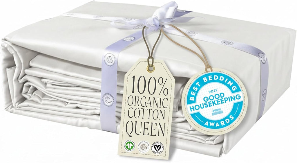 Delilah Home 100% Organic Cotton Queen Flat Sheet Set, GOTS & Vegan.org Verified, Long Stem 300 TC Sateen Bedding, Non-Synthetic, Deep Pocket Fitted Linen, Lightweight, All-Season, 4 Piece Set - White