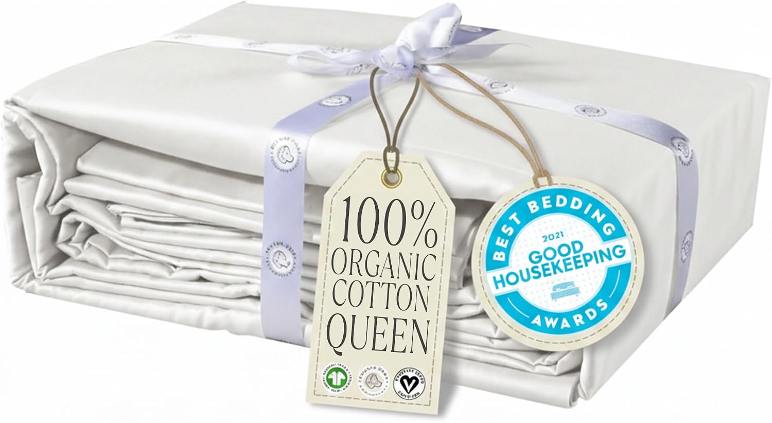Delilah Home 100% Organic Cotton Queen Flat Sheet Set, GOTS & Vegan.org Verified, Long Stem 300 TC Sateen Bedding, Non-Synthetic, Deep Pocket Fitted Linen, Lightweight, All-Season, 4 Piece Set - White