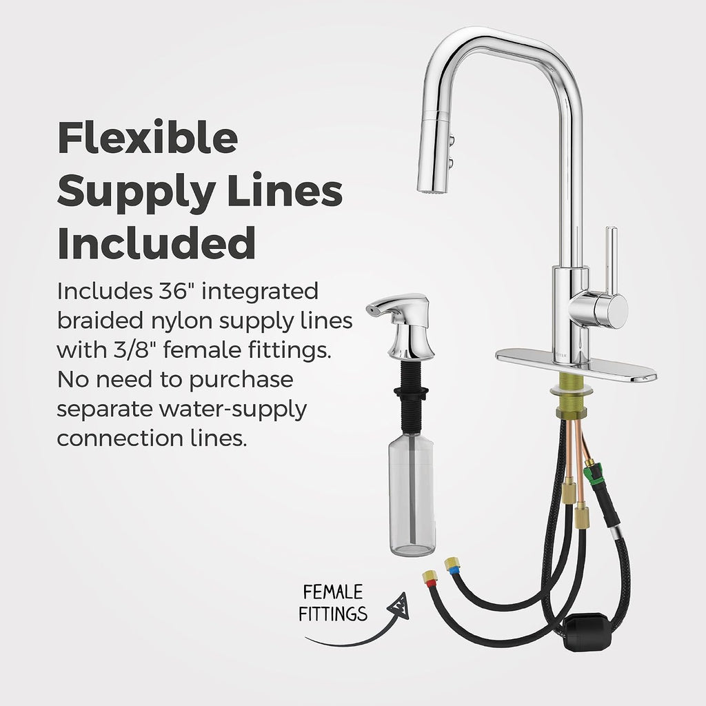 Pfister Zanna Kitchen Faucet with Pull Down Sprayer and Soap Dispenser, Single Handle, High Arc, NSF Certified, Polished Chrome Finish, F5297ZNRC