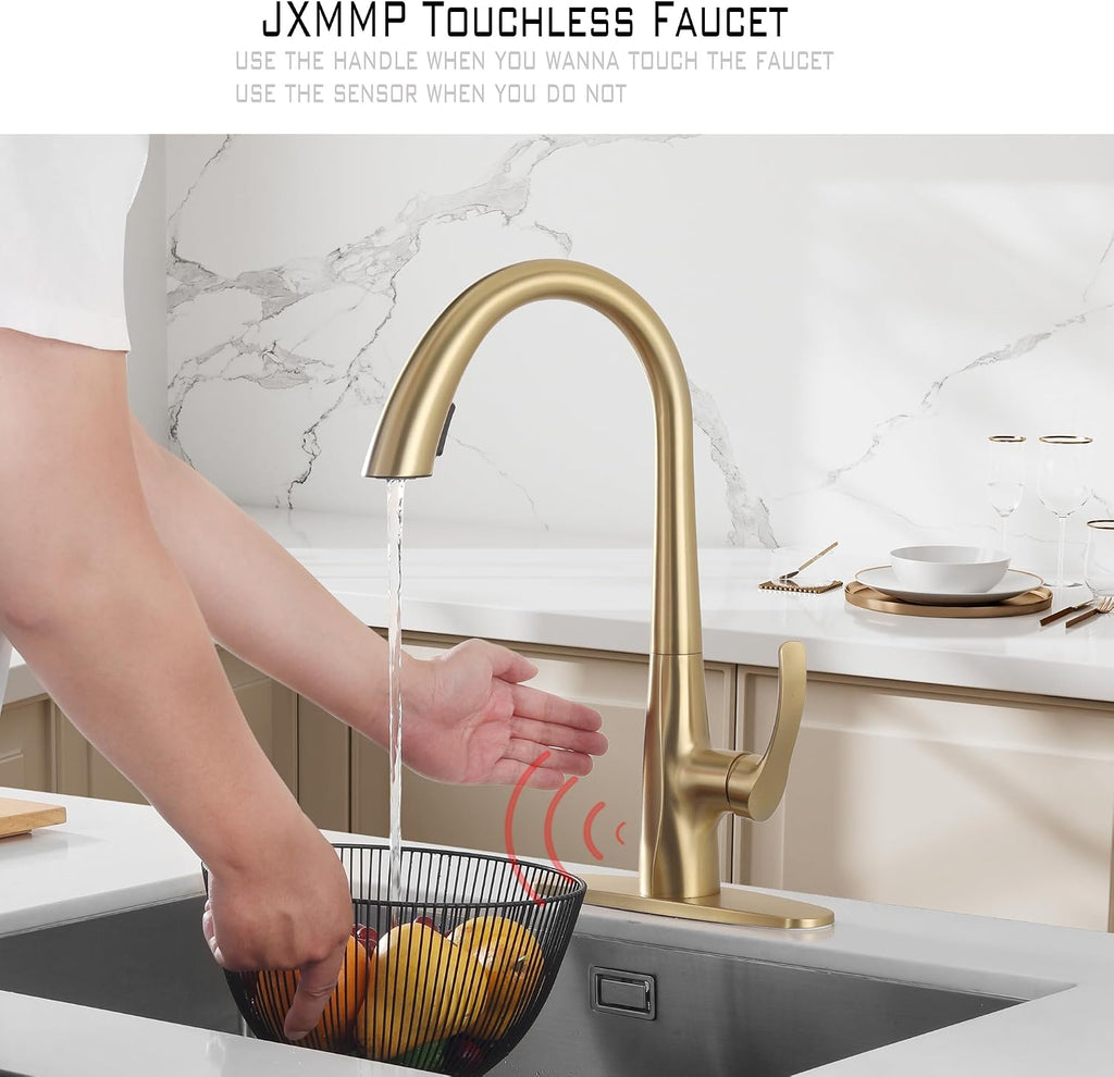 Touchless Kitchen Faucet with Pull Down Sprayer, Brushed Gold Motion Sensor Kitchen Faucet, Stainless Steel Hands Free Faucet for Kitchen Sink 1 or 3 Hole