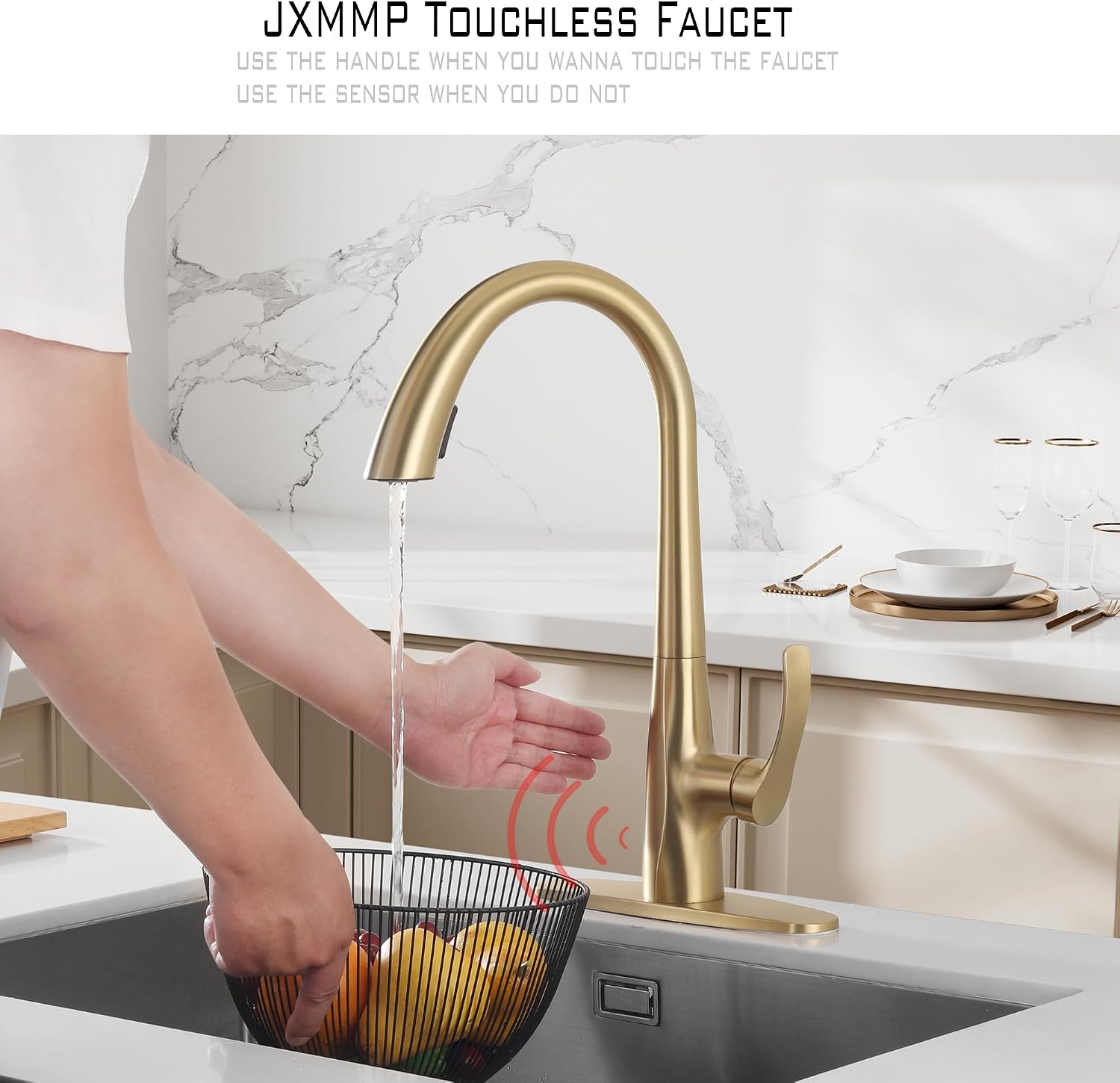 Touchless Kitchen Faucet with Pull Down Sprayer, Brushed Gold Motion Sensor Kitchen Faucet, Stainless Steel Hands Free Faucet for Kitchen Sink 1 or 3 Hole