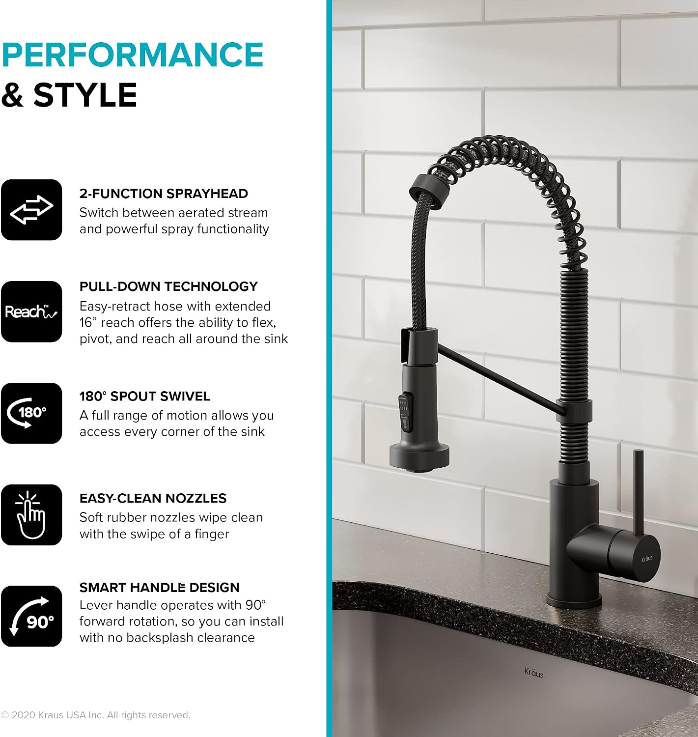 KRAUS Bolden Commercial Style 2-Function Single Handle Pull Down Kitchen Faucet in Matte Black, KPF-1610MB