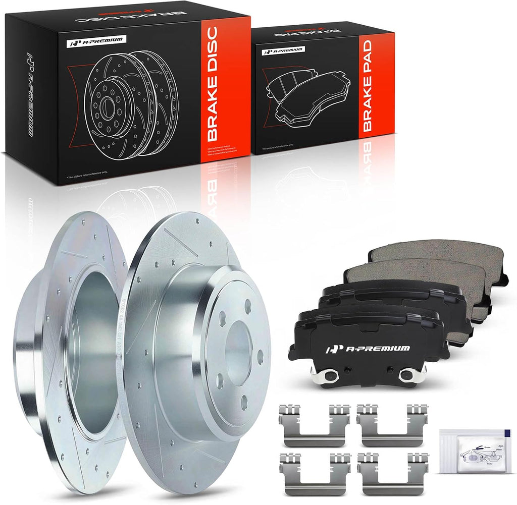 A-Premium 12.60 in (320 mm) Rear Drilled and Slotted Disc Brake Rotors + Ceramic Pads Kit Compatible with Chrysler and Dodge Models - 300 05-20, Challenger 09-20, Charger 06-20, Magnum 05-08, 6-PC Set
