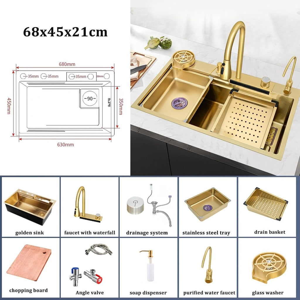 Golden Kitchen Sink Stainless Steel Waterfall Sink Large Single Bowl Sink Built-in Sink Waterfall Faucet Complete Accessories(Size:68x45cm)