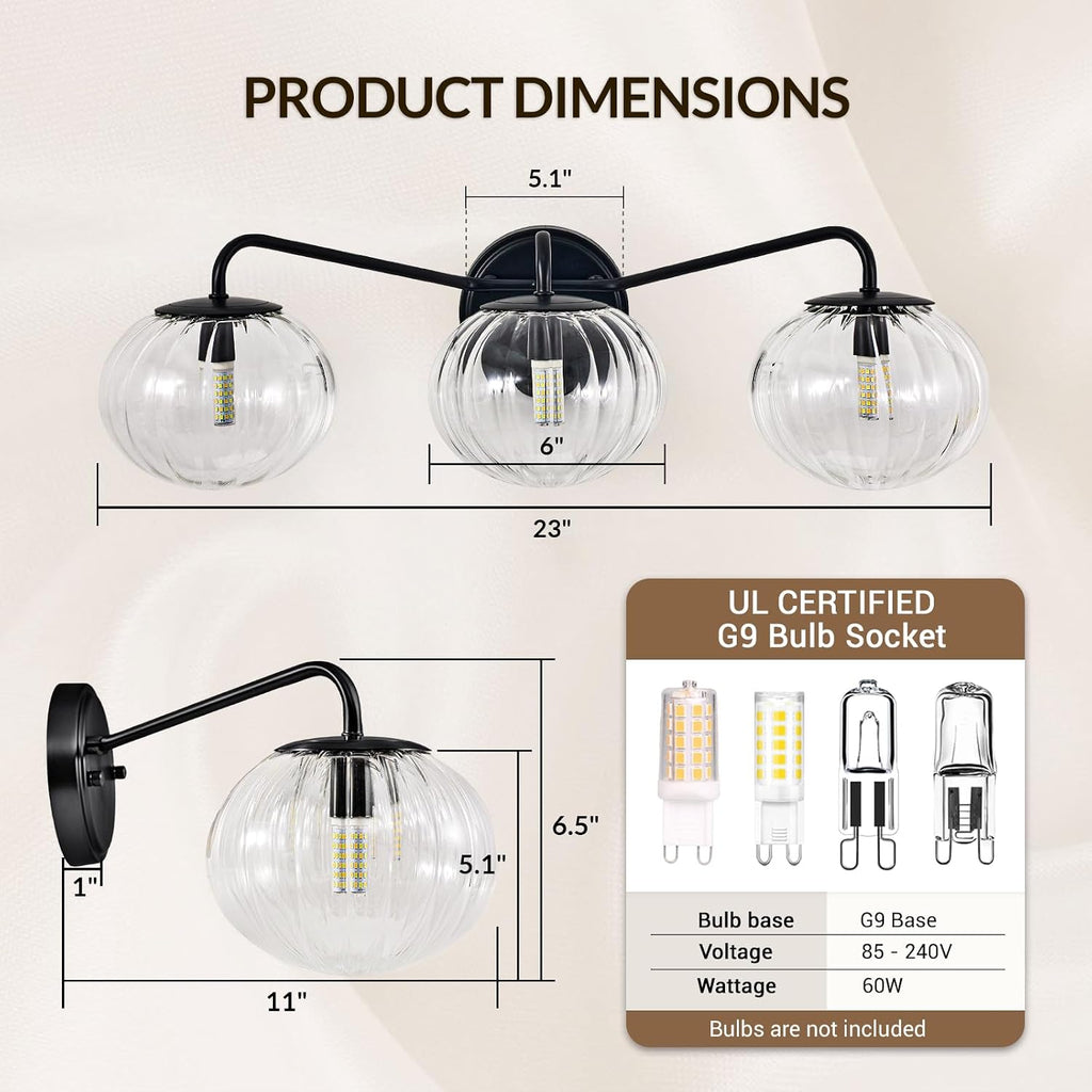 ANDY STAR Black Vanity Lights, 3 Light Bathroom Light Fixtures with Clear Pumpkin-Ribbed Glass Globe Shade, Classic Matte Black Striped Wall Lights for Over Mirror, G9 Base (No Bulbs)