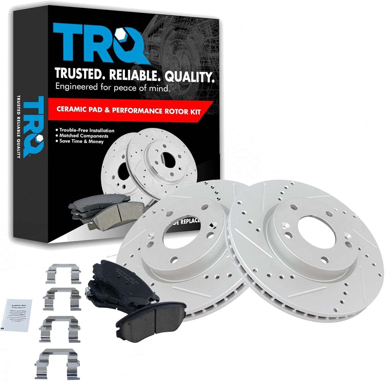 TRQ Performance Front Brake Pad and Rotor Set Ceramic Drilled Slotted Coated Vented Rotors Compatible with 2003-2008 Hyundai Tiburon 2005-2009 Tucson 2005-2010 Kia Sportage