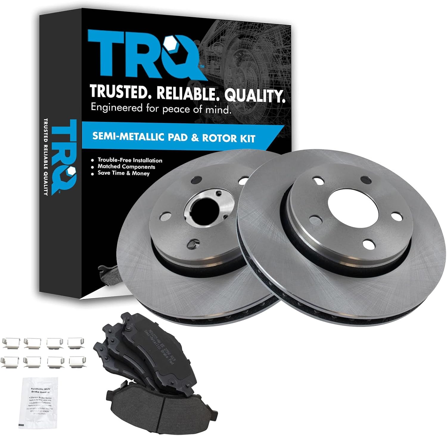 TRQ Front Brake Pad and Rotor Set Semi Metallic Vented Rotors Compatible with 2007-2017 Jeep Wrangler 2018 Wrangler JK