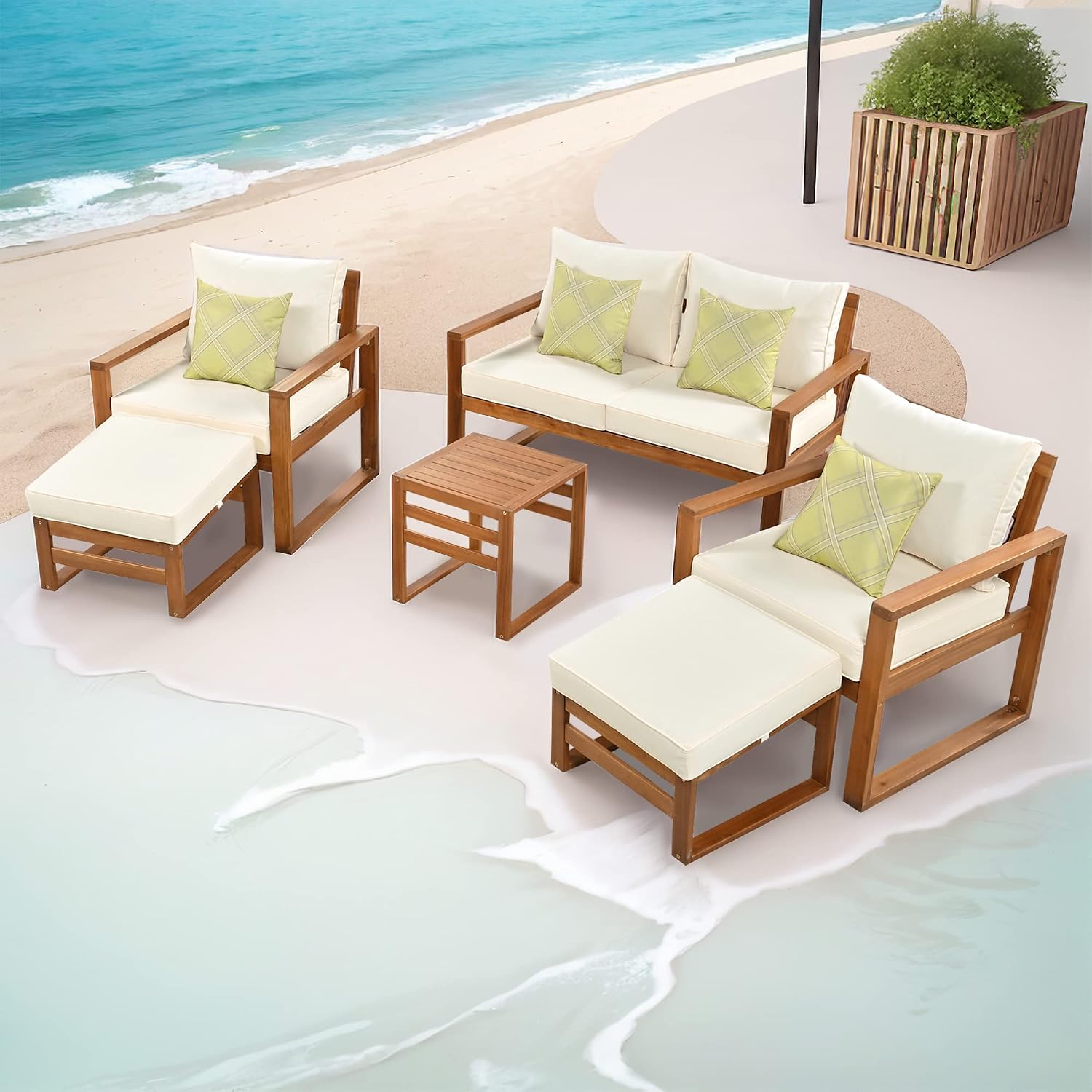Outdoor Acacia Wood 6-Piece Conversation, Sunroom Furniture Indoor Sectional Garden Seating Groups Chat Set with Ottomans and Cushions, 4 Throw Pillows, for Balcony Backyard Porch (Beige-0H)