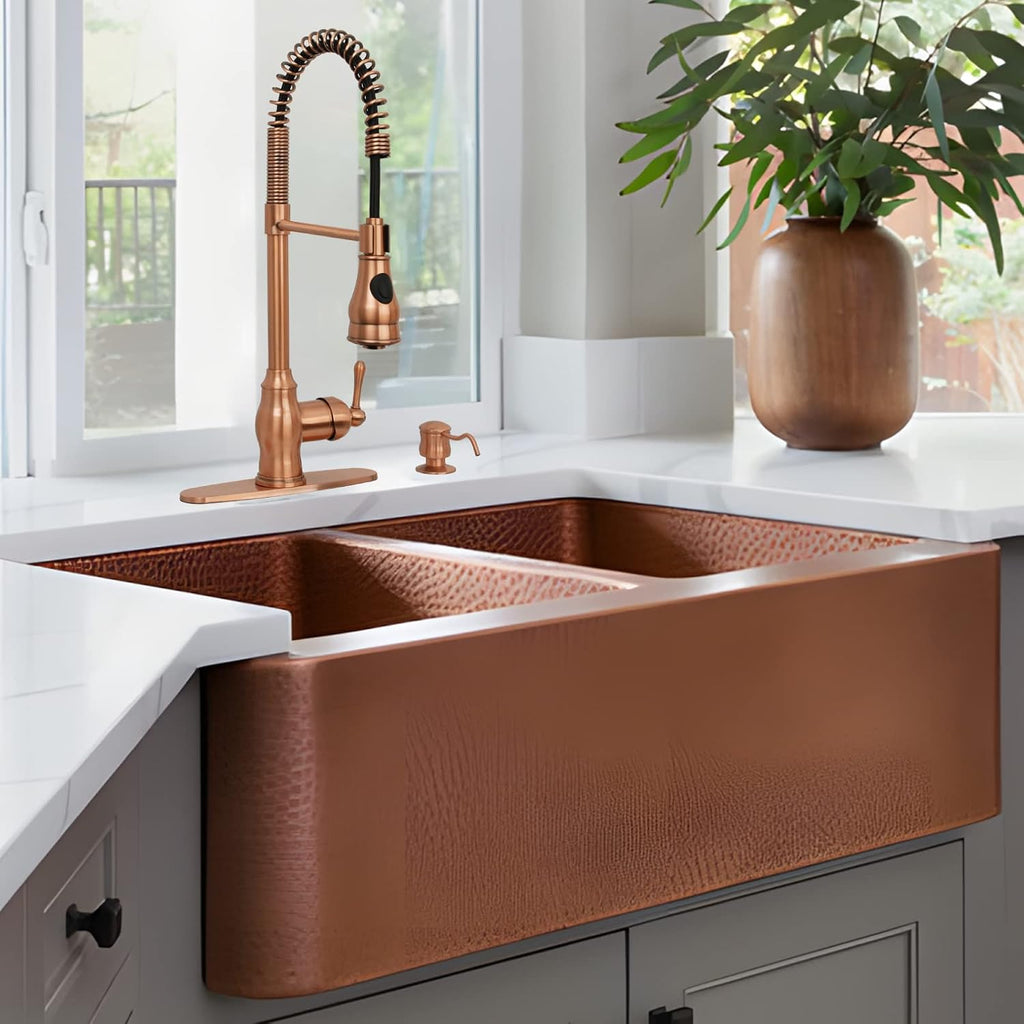 Akicon Copper Kitchen Faucet with Soap Dispenser, Single Handle Solid Brass High Arc Pull Down Sprayer Head Kitchen Sink Faucets with Deck Plate AK96518