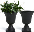 Worth Garden 2-Pack Plastic Urn Planters for Outdoor Plants, 22'' Black Tall Round Classic Resin Traditional Flower Pots - 15 in. Dia Large Imitation Stone Decorative Pot Patio Deck Front Porch