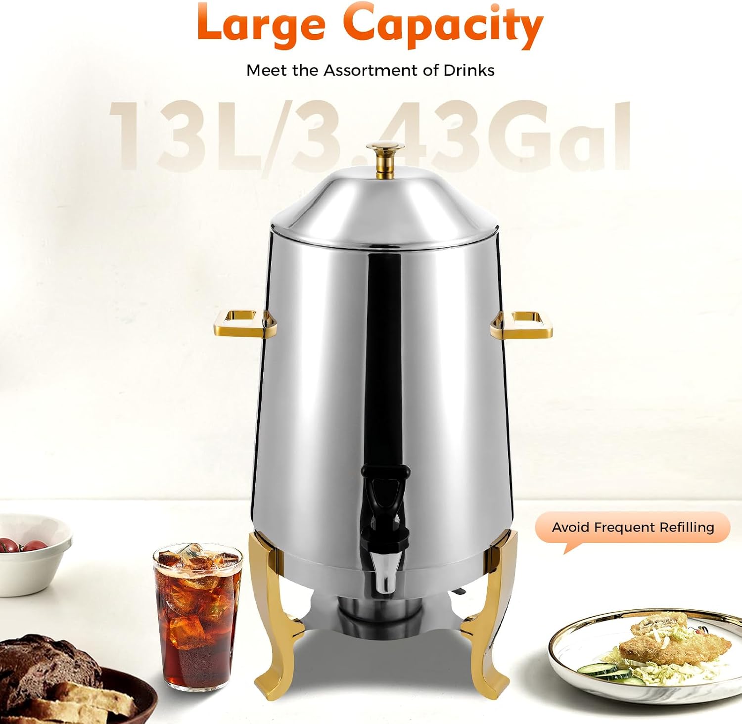 13L/3.4 Gal Hot Beverage Dispenser Can with Faucet,110V Electric Coffee Urn with 2 Heating Methods,95-185℉ Stainless Steel Hot Drinks Dispenser for Hotel Restaurant (Silver + Gold)