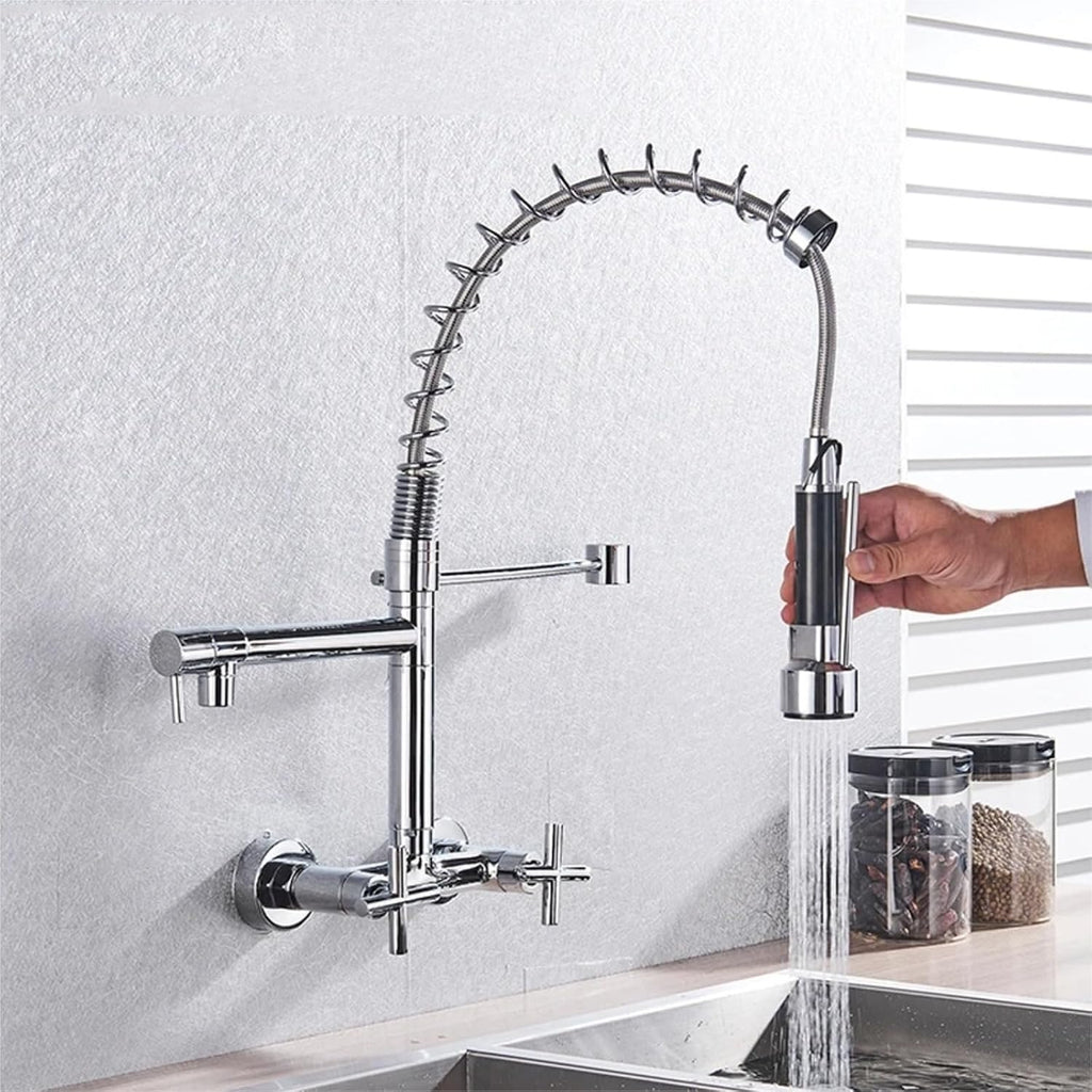 Wall-Mounted Spring Kitchen Faucet Pull Down Spray Nozzle Dual Handle 360 Rotation Hot and Cold Water Mixer Tap(Chrome)