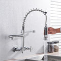 Wall-Mounted Spring Kitchen Faucet Pull Down Spray Nozzle Dual Handle 360 Rotation Hot and Cold Water Mixer Tap(Matte Black)