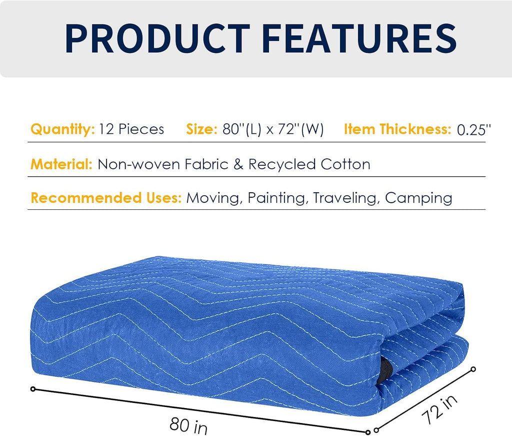 Moving Blankets 12 Packs, Extra Large 80'x72' Furniture Moving Pads, Reusable Packing Blankets, Professional Quilted Furniture Shipping & Storage Pads for Couch Desk Cabinet Appliances, Blue and Black
