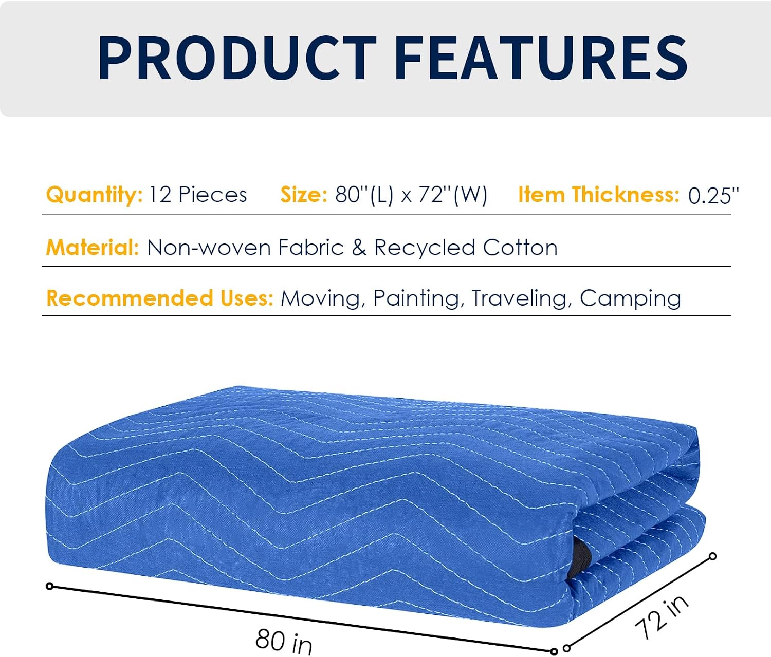 Moving Blankets 12 Packs, Extra Large 80'x72' Furniture Moving Pads, Reusable Packing Blankets, Professional Quilted Furniture Shipping & Storage Pads for Couch Desk Cabinet Appliances, Blue and Black