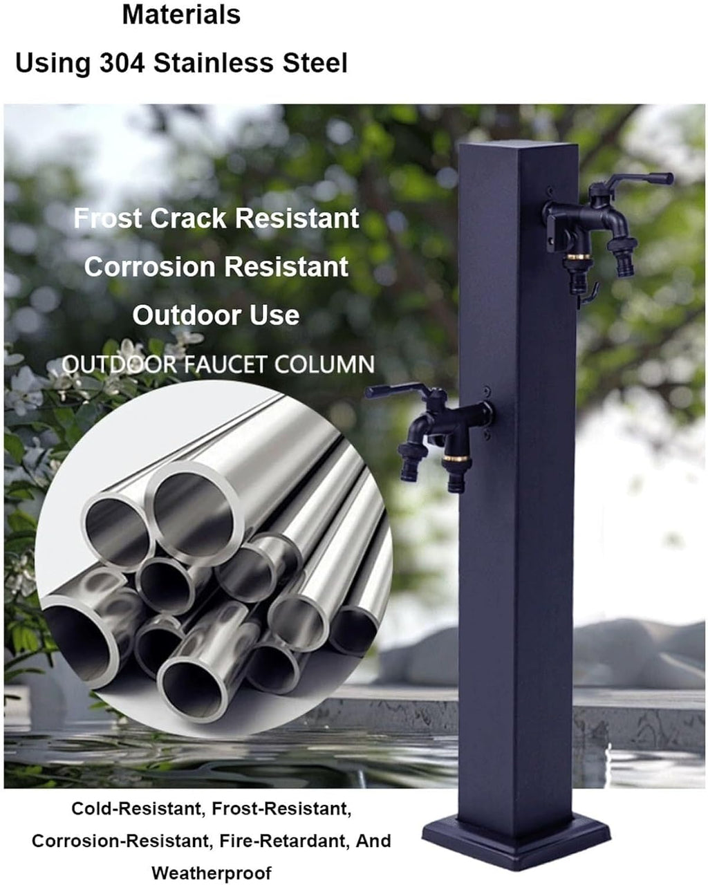 Outdoor Water Column Square Hose Stand with Faucet Antifreeze Water Tap with 2 Gold Faucets Vertical Decorative Fountain Garden(Negro,65x8cm)