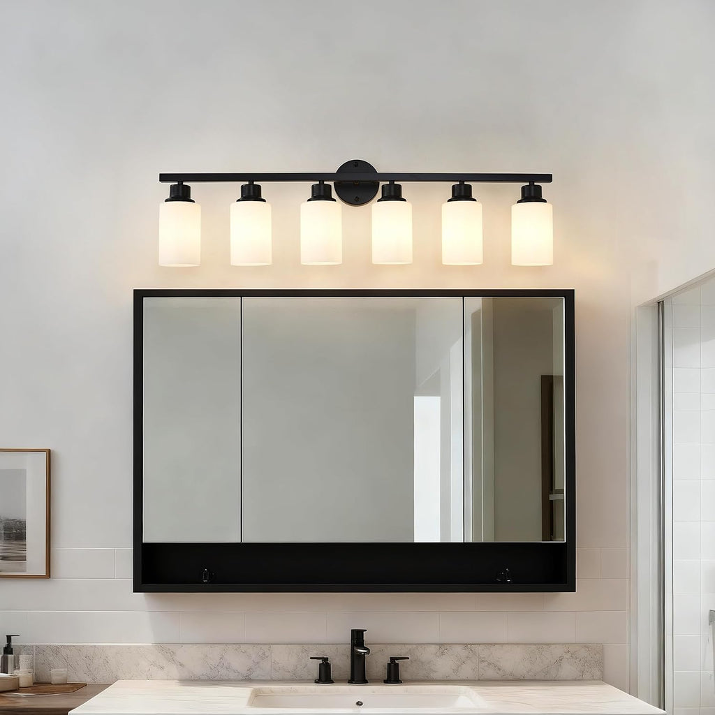 6-Light Matte Black Bathroom Vanity Light Modern Black Bathroom Light Fixtures Over Mirror Vintage Vanity Wall Sconce Light With White Glass Shade Wall Lamps For Living Room Bedroom Bulbs Not Included