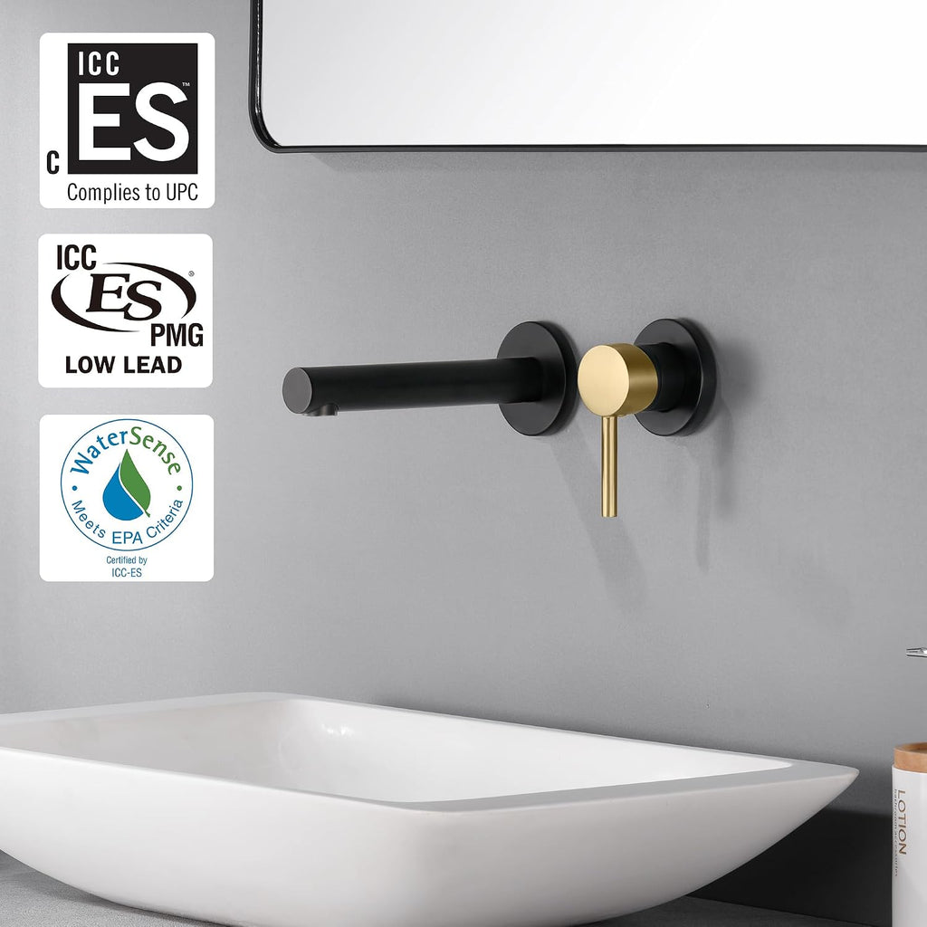 SUMERAIN Wall Mounted Bathroom Sink Faucet Black and Gold Finish, Lavatory Faucet with Single Handle and Rough in Valve