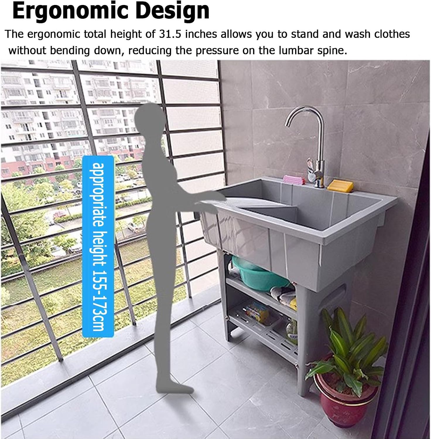 RYTM 31.5'' Plastic Utility Laundry Sink, Freestanding Outdoor Sink Laundry Tub with Washboard, Portable Hand Washing Station with Cold & Hot Water Faucet and Soap Dispenser, Gray