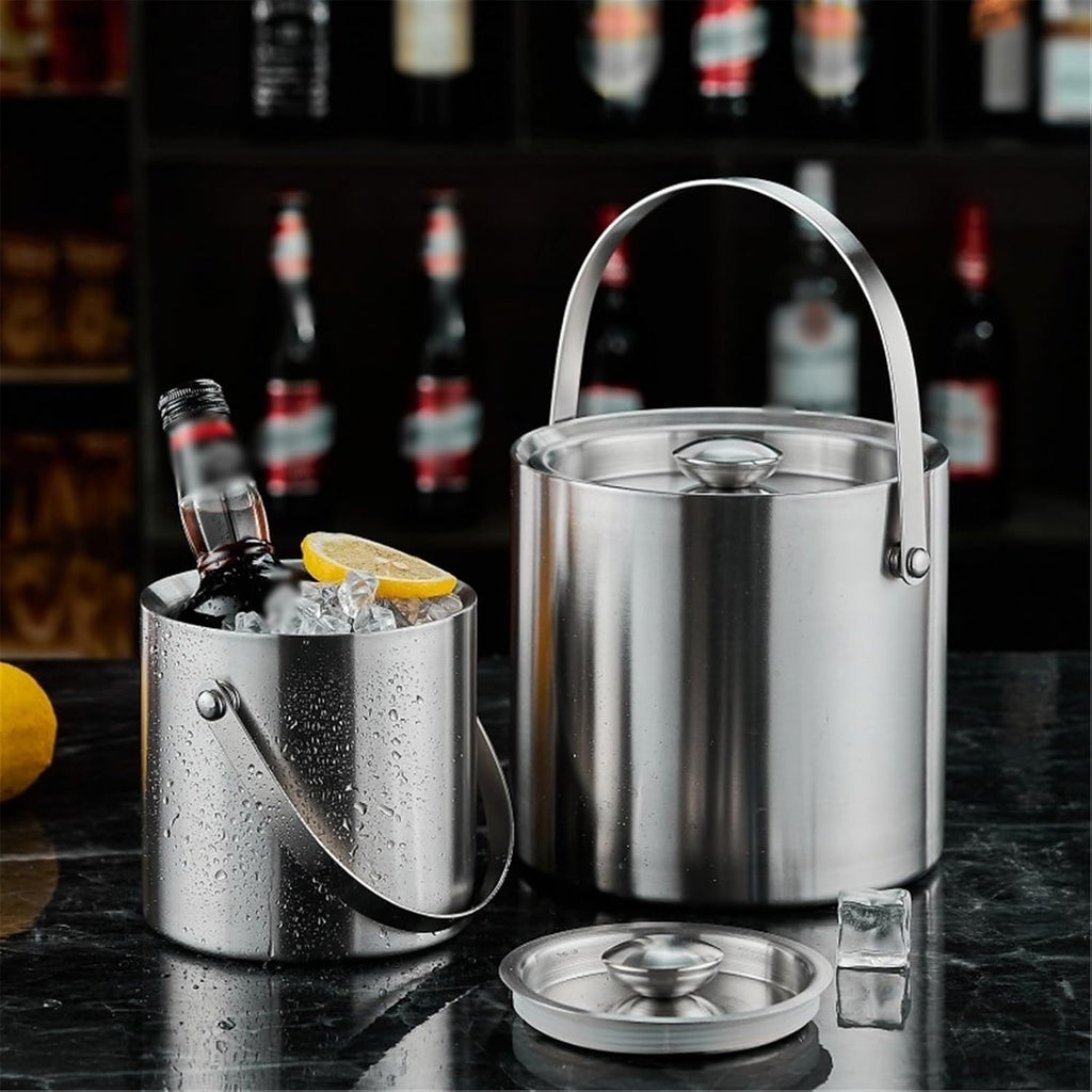 Party Black Stainless Steel Double Layer Ice Bucket with Lid for Cocktail Bars, Freezers, and Wine Cooler Tub(XL)