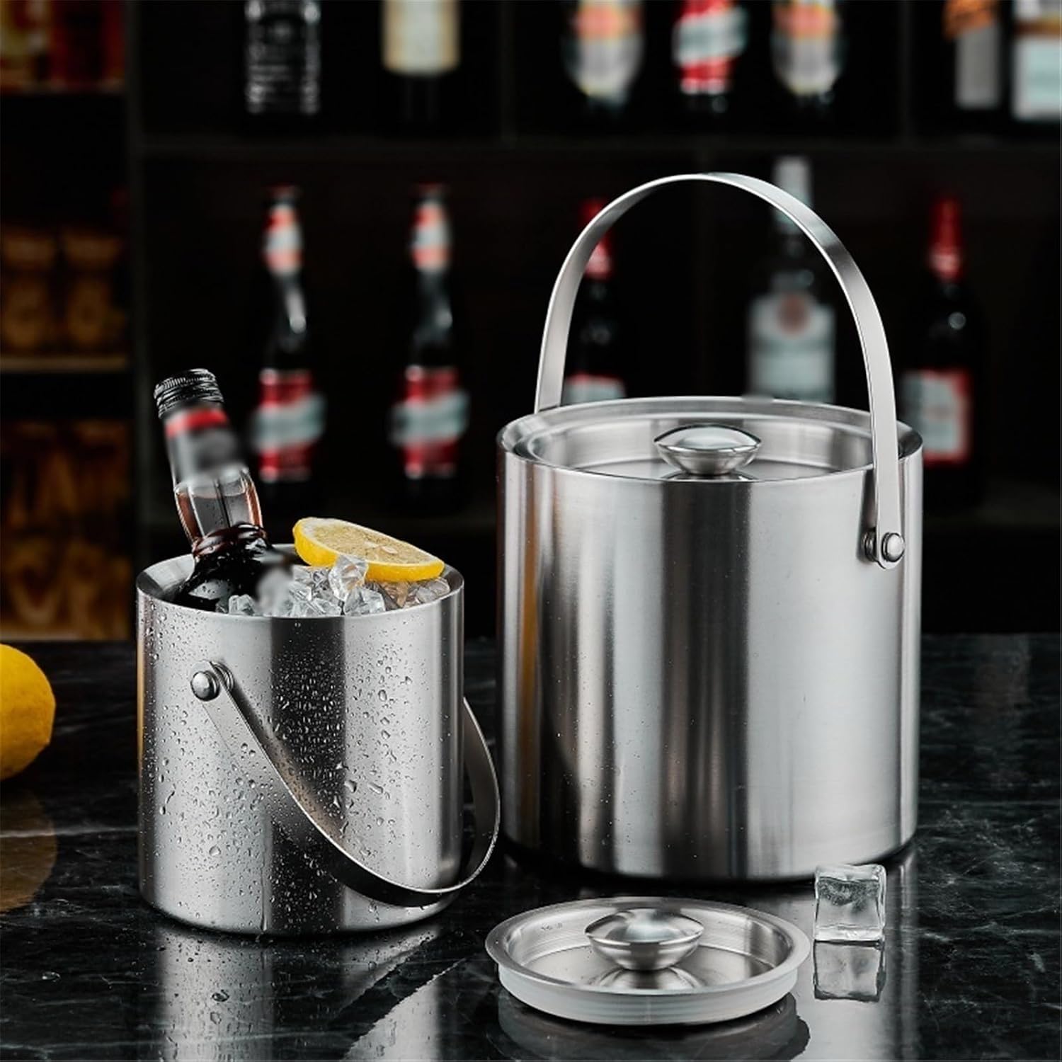 Party Black Stainless Steel Double Layer Ice Bucket with Lid for Cocktail Bars, Freezers, and Wine Cooler Tub(XL)