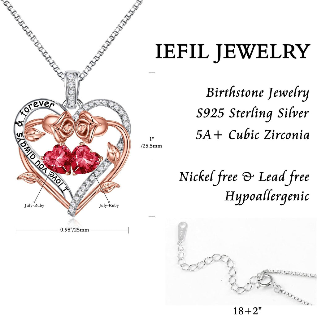 Iefil Rose Heart Double Birthstone Necklace Gifts for Wife Girlfriend Her Women, Birthstone Jewelry Gemstone Birthday Gifts for Mom Grandma Her Wife Women