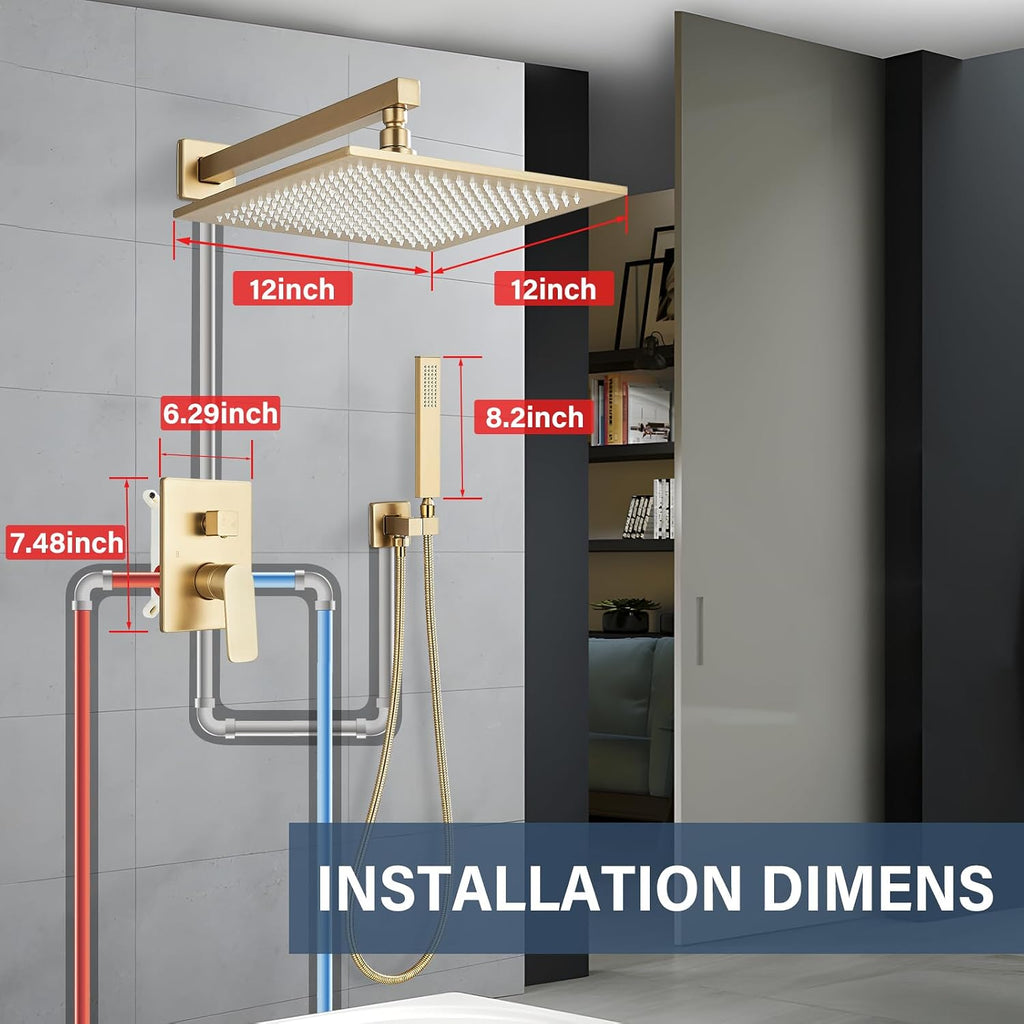 Brushed Gold Rain Shower System with 12 Inch LED Shower Head and Brass Handheld with Brass Valve and Trim Kit Shower Faucets Sets Complete