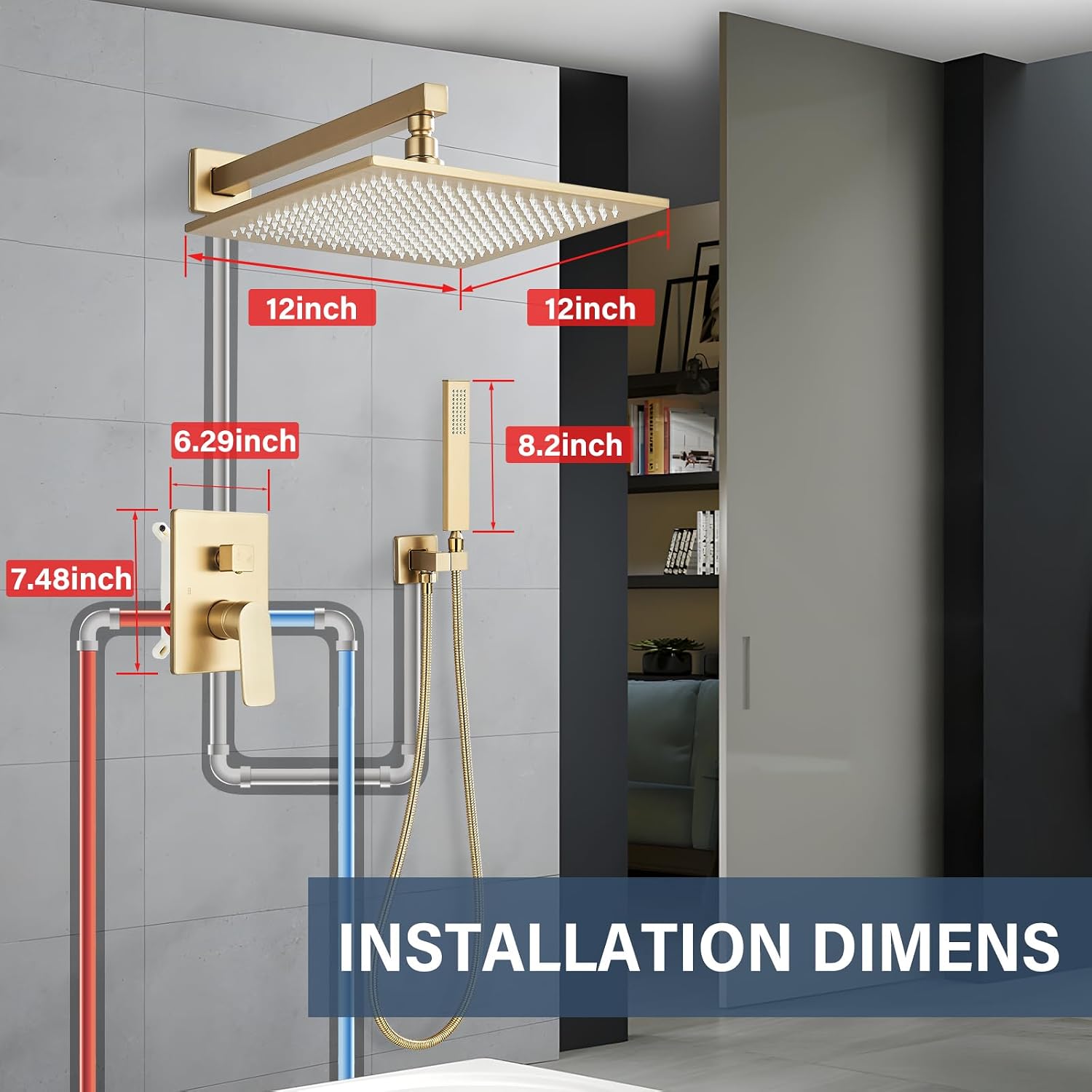 Brushed Gold Rain Shower System with 12 Inch LED Shower Head and Brass Handheld with Brass Valve and Trim Kit Shower Faucets Sets Complete